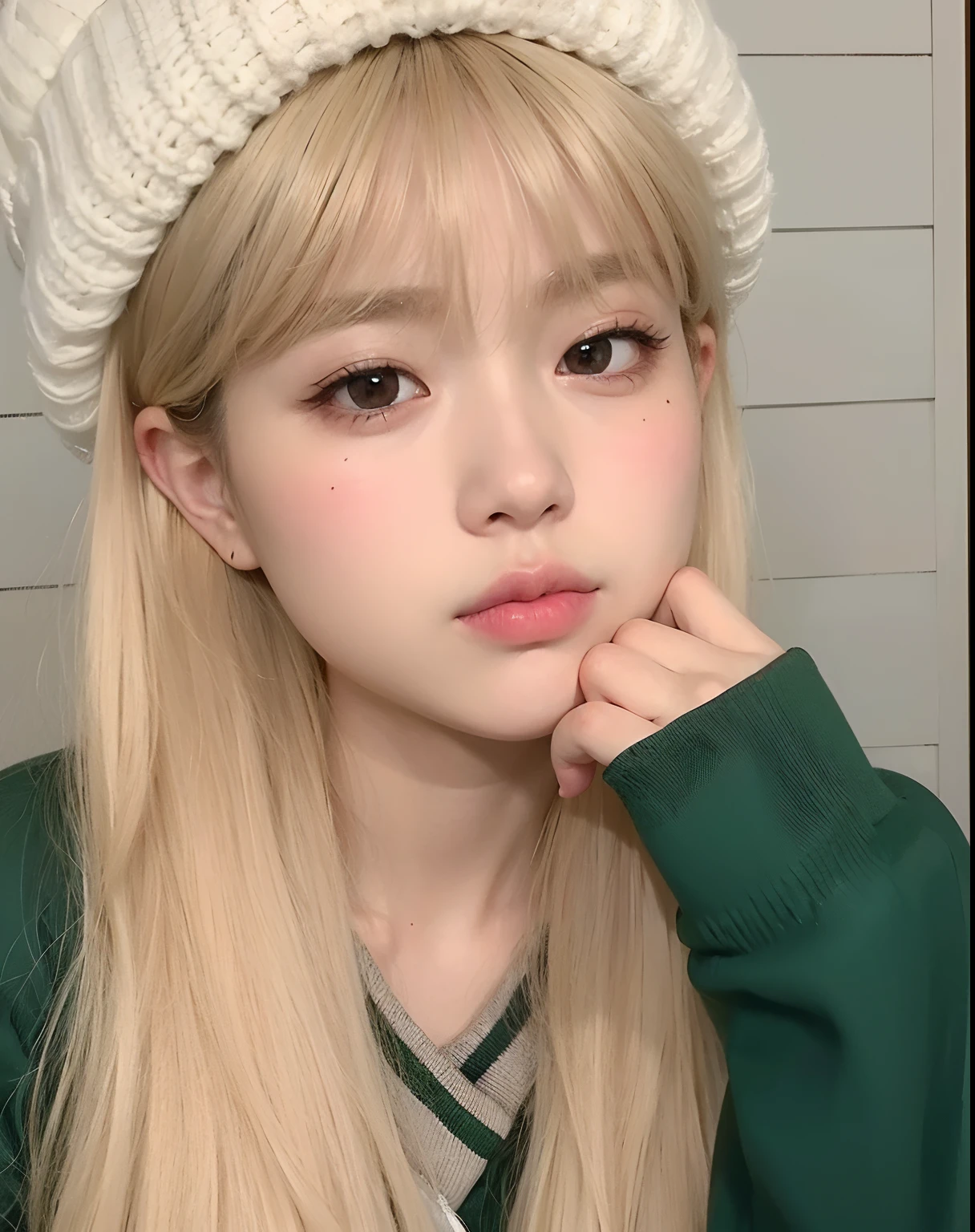 Araffe girl with long blond hair wearing a white hat, Ulzzang, Lalisa Manobal, young adorable korean face, Lalisa Manoban do Blackpink, wan adorable korean face, Parque Roseanne do Blackpink, bonito rosto de anime natural, menina coreana, beautiful aesthetic face, kawaii retrato realista, rosto redondo macio, maquiagem sul-coreana popular, pale round face