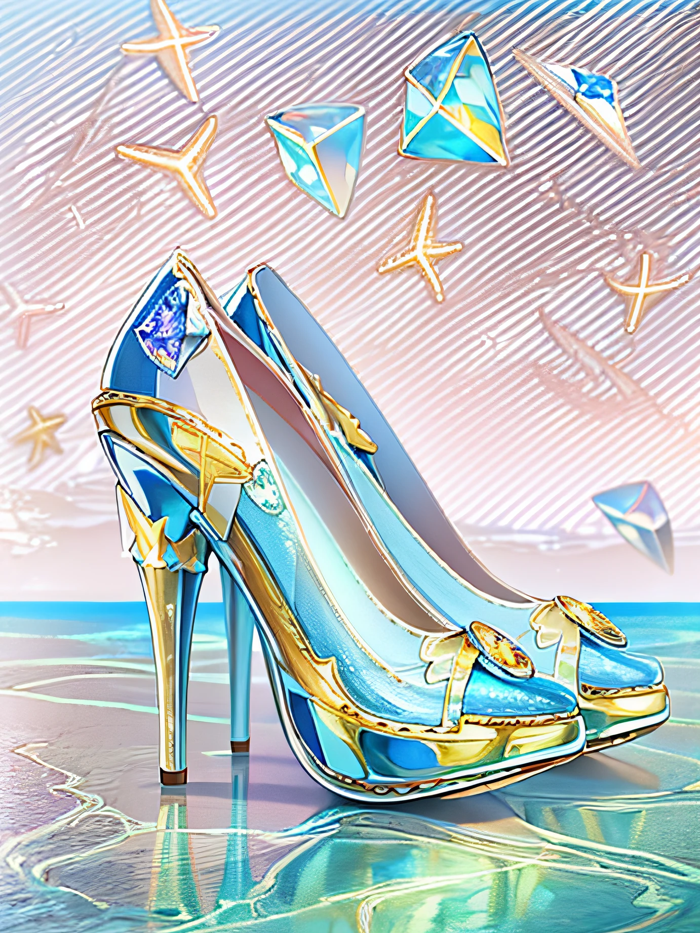 A pair of high heels,without humans,(Top resolution:1.5), (Top image quality:1.5), Close-up of a pair of shoes on a shiny surface, slightly holographic, fairy tale style background, made in adobe illustrator, Magical items, holograph, illustration!, White high heels, Crystal heels, (The background is the seaside:1.6)