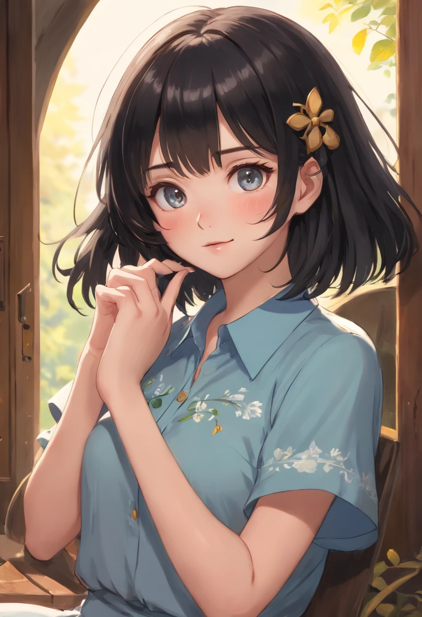 (RAW photo, Best quality),(Realistic, photo-realistic:1.3), Masterpiece, An extremely delicate and beautiful, Extremely detailed, CG, Unity , 2k wallpaper, Amazing, finedetail, Light smile, Extremely detailed Cg Unity 8K wallpaper, hugefilesize, Ultra-detailed, A high resolution, absurderes, Soft light, Short hair, short length bangs, Black hair, Floating hair NovaFrogStyle, Beautiful detailed girl, Detailed fingers, Extremely detailed eyes and face, Beautiful detailed nose, Beautiful detailed eyes, Long eyelashes, light in face, view the viewer, Closed mouth, 1girll, Cute, Young, Mature face, full bodyesbian, Small breasts, Realistic face, Realistic body, Beautiful detailed thighs, ulzang-6500-v1.1, the lora:koreanDollLikeness_v15, Costume : Collared shirt, Black eyes