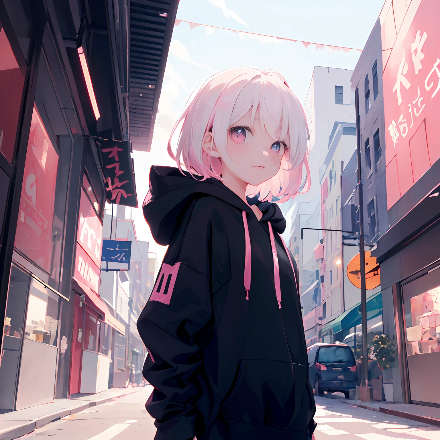 masterpiece, best quality, 1girl, white hair, medium hair, looking at viewer, :3, cute, (pink eyes), ((black hoodie)), flat, flat colors, outdoors, intricate lightinging, full body, portrait