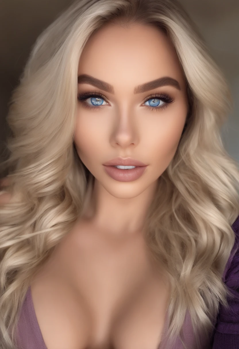 arafed woman fully , sexy girl with blue eyes, ultra realistic, meticulously detailed, portrait sophie mudd, blonde hair and large eyes, selfie of a young woman, bedroom eyes, violet myers, without makeup, natural makeup, looking directly at the camera, face with artgram, subtle makeup, stunning full body shot kneeling on bed, in bedroom, medium to large size bust mixed race