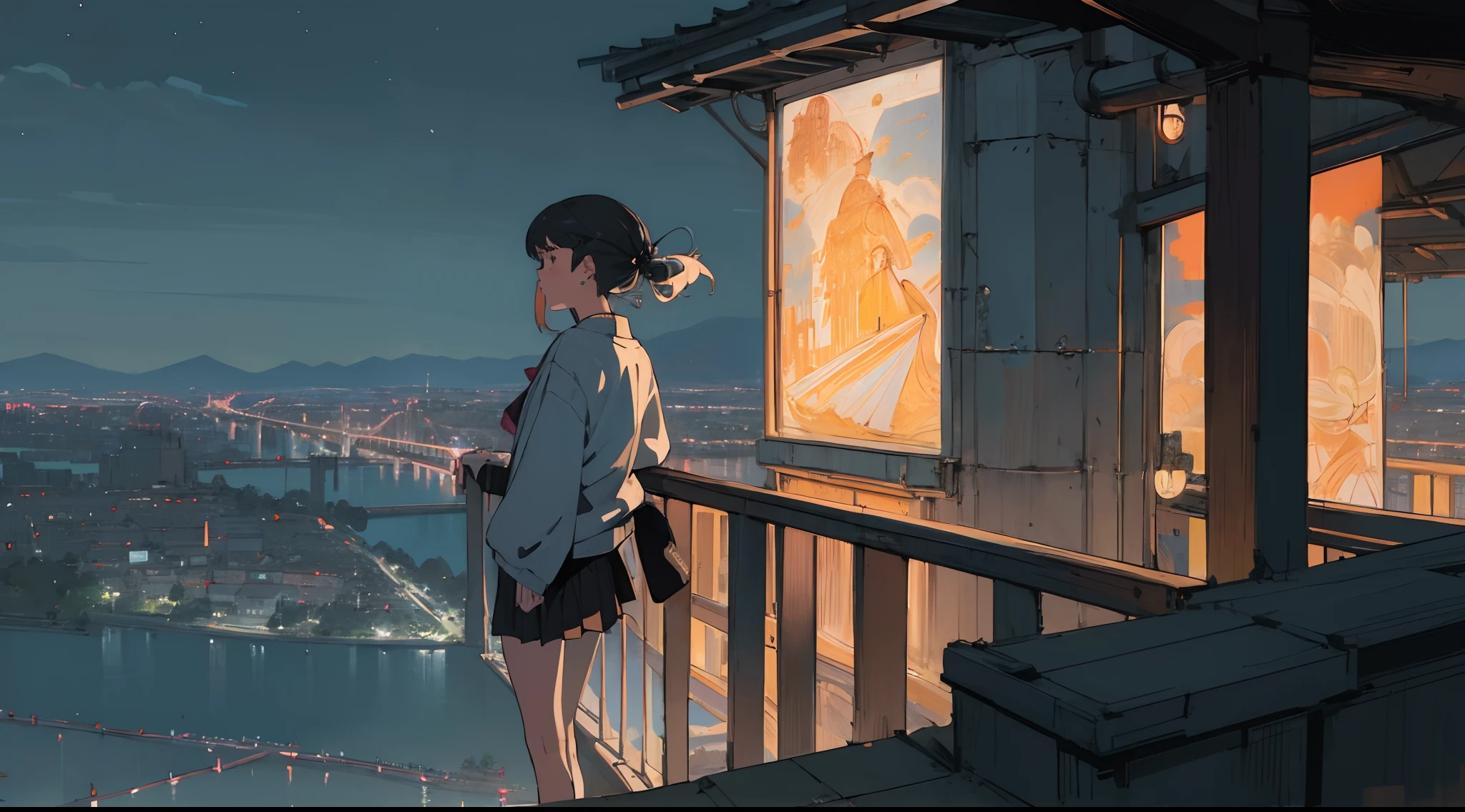 (masterpiece:1.3), (the best quality:1.2), (super fine illustrations:1.2), (Masterpiece), high quality, high detail,(SOLO:1.4),

masterpiece, best quality, extremely detailed, detailed,highres,(night city :1.3),city in the other side of river,(night),cyberpunk,

(1 girl), (solo), lean on the railing,pleated skirt, white sneaker,fluttering hair, earrings