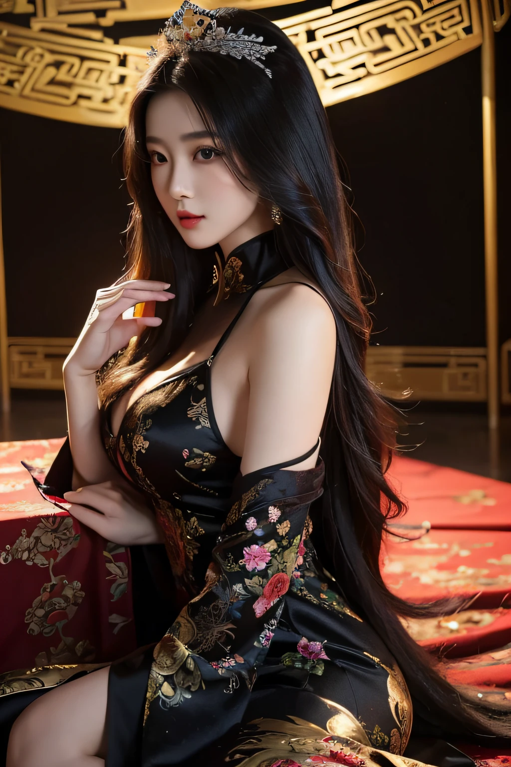(top-quality,8k,masterpiece),Asian woman with long hair and black lovely dress,a beautiful fantasy empress,Beautiful fantasy maiden,chinese fantasy,Beautiful and seductive woman,Colossal tits,Floral Dresses,