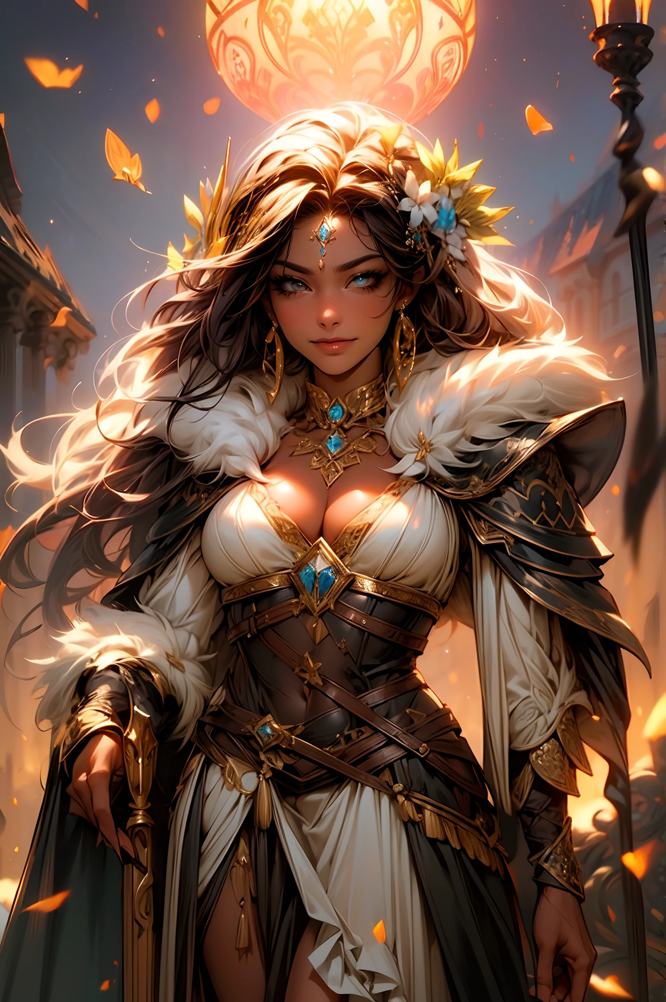 Fine illustration, ultra detailed, highres, from below, beautiful, gablin_woman, elegant standing_pose, slightly smiling,close mouth, elegant look, ((looking at viewer)),barbarian_dress, black_afro_glistening long braided_hair, tall warrior, ((dark_skin_female)), smoky_glowing world, detailed countryside_dress with glittery paladin woman_dress, detailed embroidery, white fur_cape, extremely layered frills