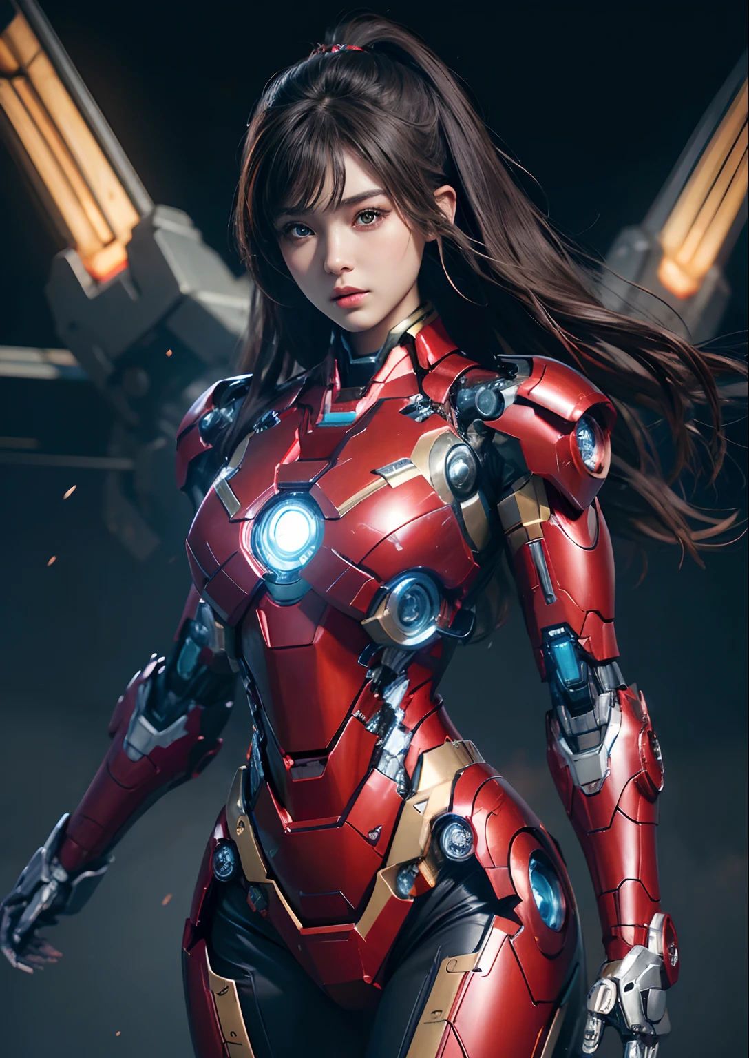 Textured skin, Super Detail, high details, High quality, Best Quality, hight resolution, 1080p, hard disk, Beautiful,(Iron Girl),beautiful cyborg woman,Mecha Cyborg Girl,Battle Mode,Girl with a Mecha Body,She wears an Iron Man mech,