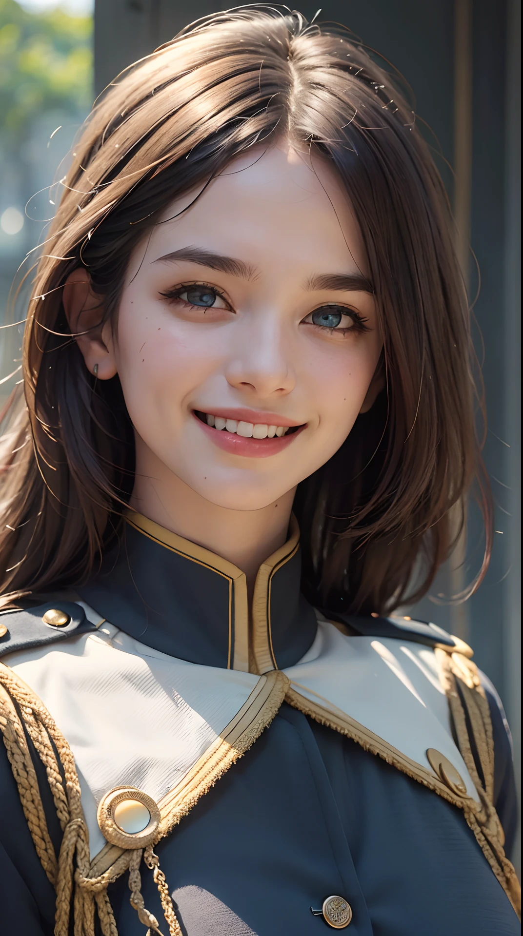 (best quality,4k,8k,highres,masterpiece:1.2), ultra-detailed, (realistic,photorealistic,photo-realistic:1.37), (beautiful detailed eyes, beautiful detailed lips, extremely detailed eyes and face), studio lighting, physically-based rendering,vivid colors, (big tits, super big tits, super extra big tits:0.8), (general's uniform:1.5), (soft lighting:0.8), (portrait, smile and laugh:1.5),