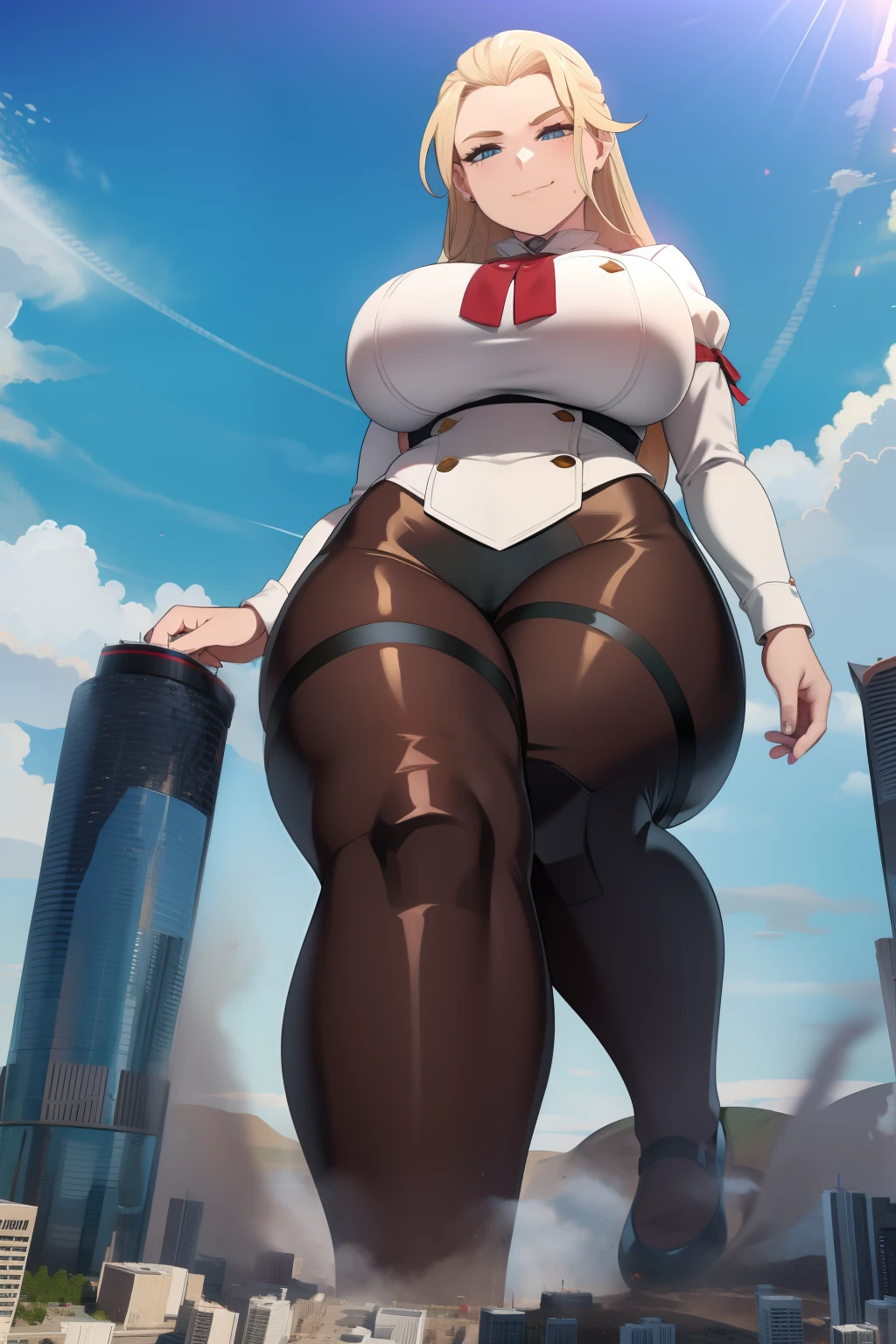 GTS, giantess, curvy, busty, smirk, evil, thick thighs, walking, aerial view, landscape