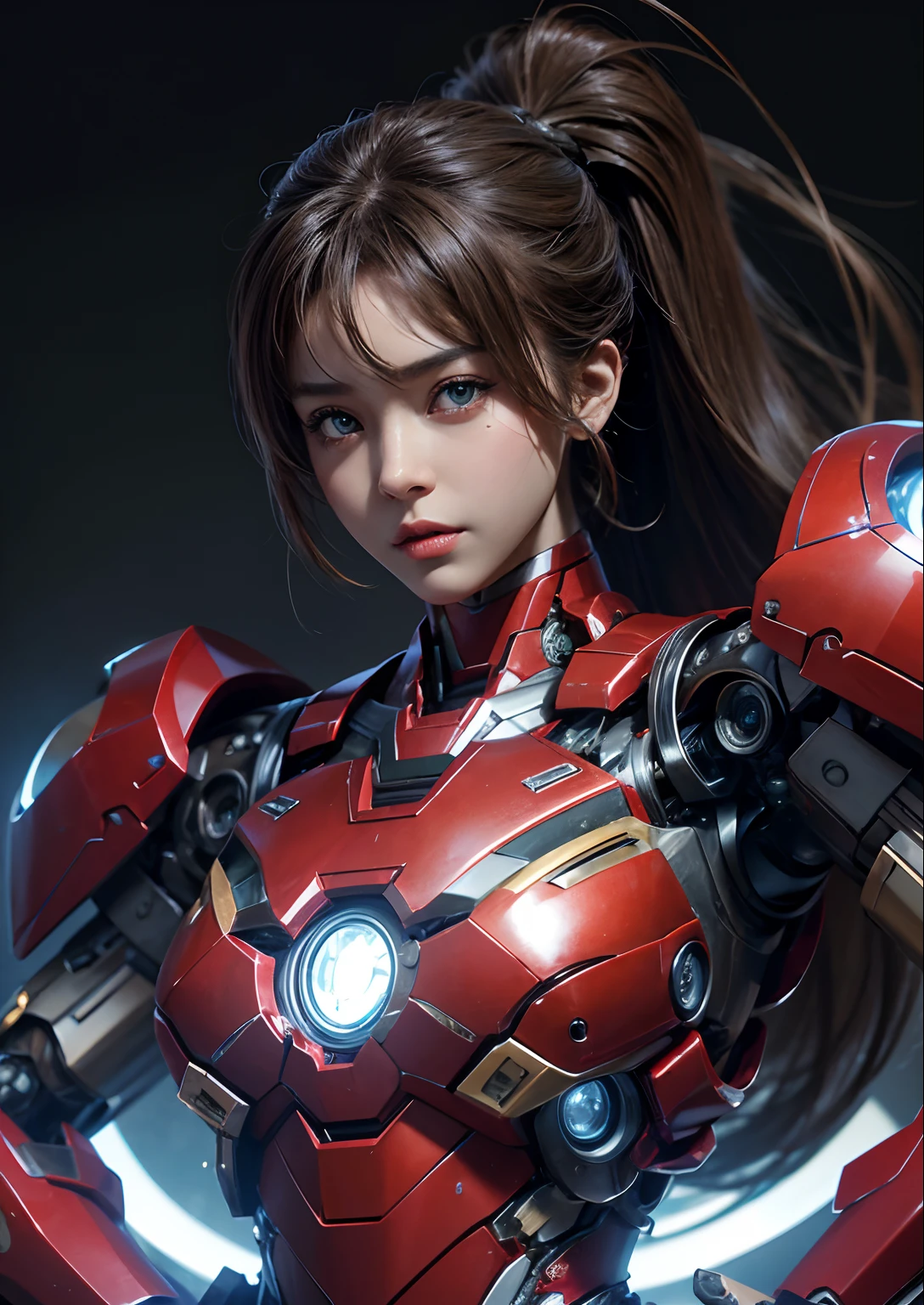 Textured skin, Super Detail, high details, High quality, Best Quality, hight resolution, 1080p, hard disk, Beautiful,(Iron Girl),beautiful cyborg woman,Mecha Cyborg Girl,Battle Mode,Girl with a Mecha Body,She wears an Iron Man mech,