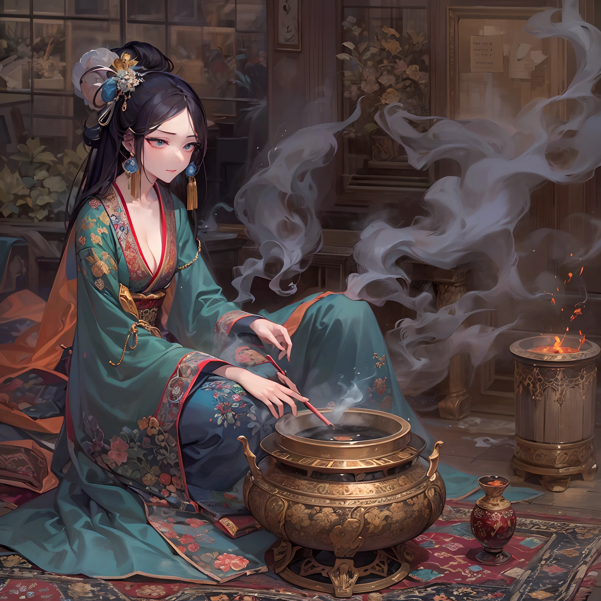 ((Finest quality)),(超A high resolution),(ultra-detailliert),(Meticulous portrayal),((best pictures)),(Finest works of art),Ultra-Precision Art,The art of astounding depiction, Smoke wafting from a magnificent incense burner:1.4, (1人の女性:1.5),Mysterious,bewitching,Color,Melancholy, persian carpet:1,3