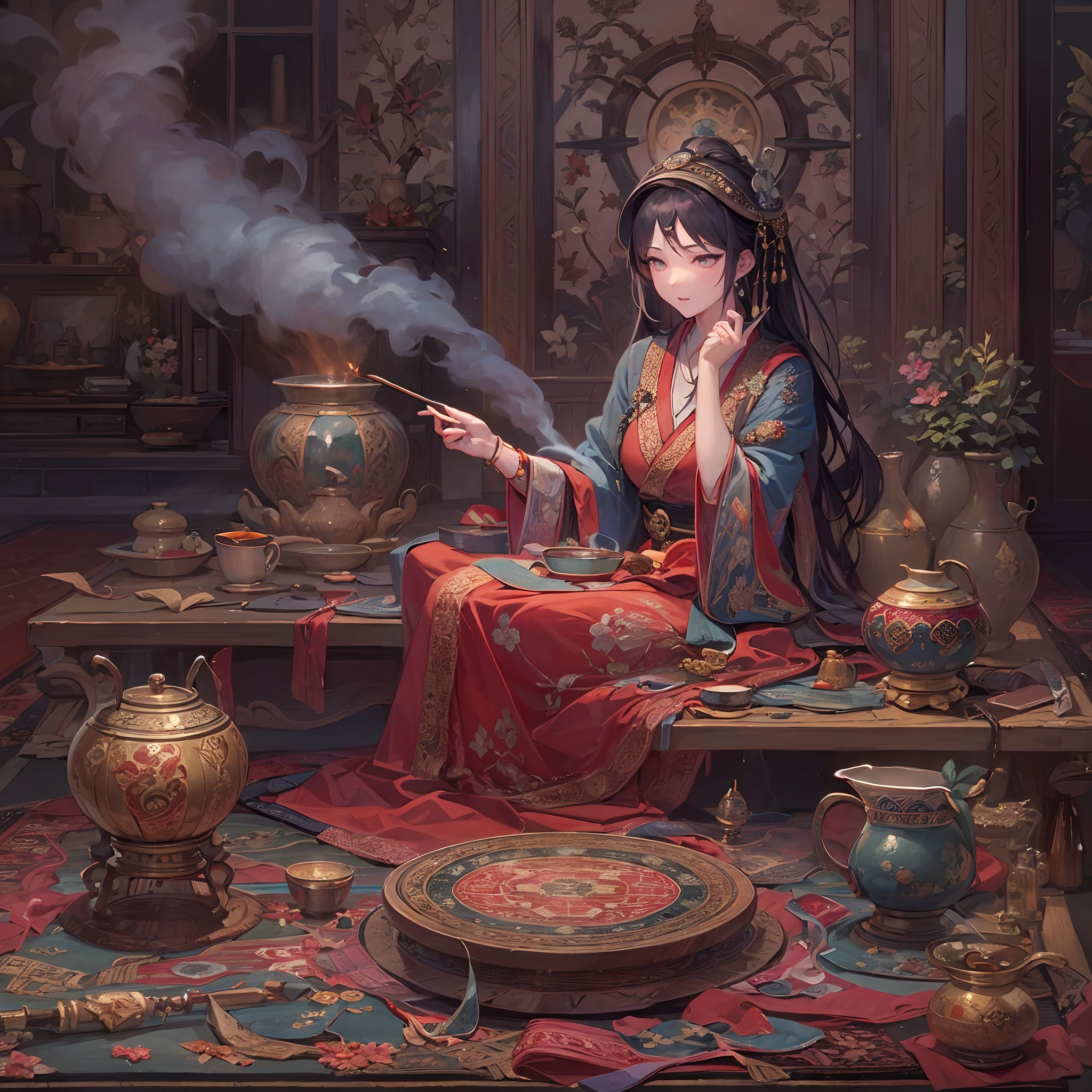 ((Finest quality)),(超A high resolution),(ultra-detailliert),(Meticulous portrayal),((best pictures)),(Finest works of art),Ultra-Precision Art,The art of astounding depiction, Smoke wafting from a magnificent incense burner:1.4, (1人の女性:1.5),Mysterious,bewitching,Color,Melancholy, persian carpet:1,3