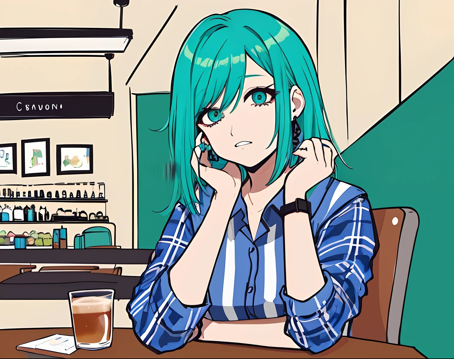 Desenhe uma personagem feminina com cabelo azul puxado para um rabo de cavalo. She's wearing a faded green plaid shirt and she's sitting in a café, fumando um cigarro. His face expresses seriousness and perhaps a touch of mystery. O desenho deve ser enquadrado como uma foto de perfil, destacando o rosto e os ombros da personagem.
No estilo de arte semelhante ao de 'Scott Pilgrim', a personagem deve ser desenhada com linhas fortes e cores vibrantes, apresentando um visual moderno e peculiar. The ambiance of the café can include elements that are characteristic of the environment, Curtir tabelas, Chairs and décor details, staying true to the graphic and dynamic style of said art style