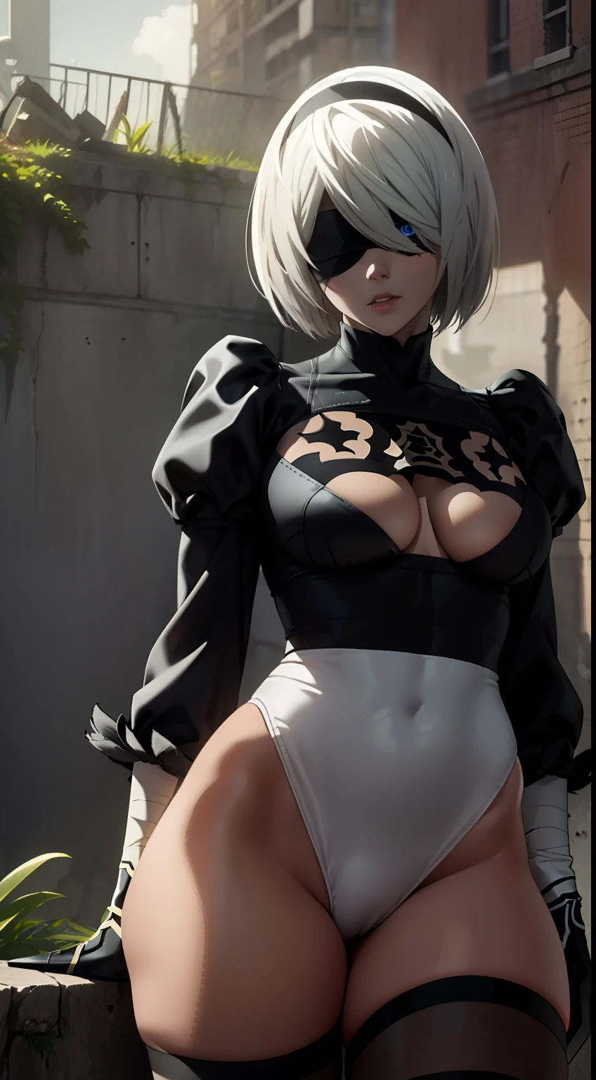 ruined city, A city overgrown with plants, Ruins, 2b от Nier Automata, White Hair Bob, ashy hair, The eyes are covered with a bandage, Cyan eyes, black dress with a short skirt, neckline on the chest, white panty, black stockings, high black boots, high-heeled boots, very extremely beautiful, Full-length(Body Full 1.1),Game nier automata, high detail official illustrations, ((beautiful fantasy girl))，Red Small Breasts, Her breasts are sticking out from under her clothes, BREAK (Master Part: 1.2), Best Quality, High Resolution, photorealestic, photogenic, Unity 8k壁纸, (illustartion: 0.8), (beautiful detailed blue eyes: 1.6), extremely detailed face, perfect  lighting, extremely detailed CGI , (perfect arms, perfect anatomy), A girl with perfect breasts, beatiful face, master study, intricate details, Detalhes realistas, the anime, (Based on nier automata) the perfect body, Perfect Pointed Breasts, The Perfect Girl, perfect details, Ultra HD |, 8K, Professional photo, 2B Shows Off His Sexy Body,