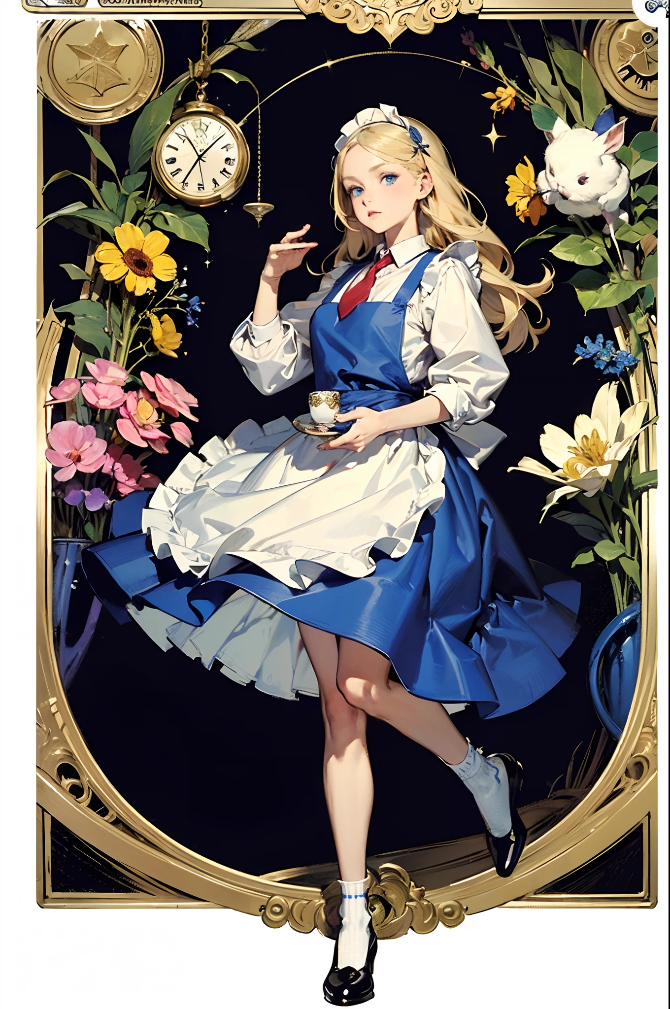 (masuter piece、top-quality、Mystical、Beautifully Aesthetic、offcial art、Impresionismo、von gogh:1.2)、(1 girl in:1.3)、(Fractal Art:1.0)、shinny skin、patterns、(alice in the wonderland:1.2)、(bunny rabbit、PlayingCards、tea cup、pocket watch:1.3)、(Tie your hair with a ribbon、Blue Dress、a miniskirt、beauty legs、White Apron、white sock、platinum-blonde、Blue eyes)、Exotic wallpapers、highly colorful、Abstract background、Fantastical