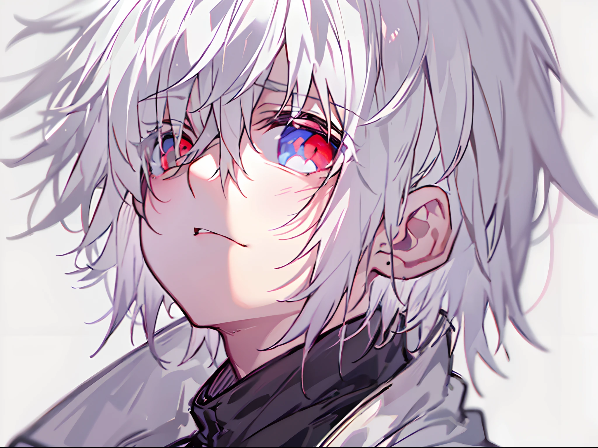 nffsw, Best Quality, masutepiece,Anime boy with white hair and red eyes staring at camera, Highlights in the eyes、slim, dressed in a black outfit,hair messy,Straight face、with a pure white background、cute little