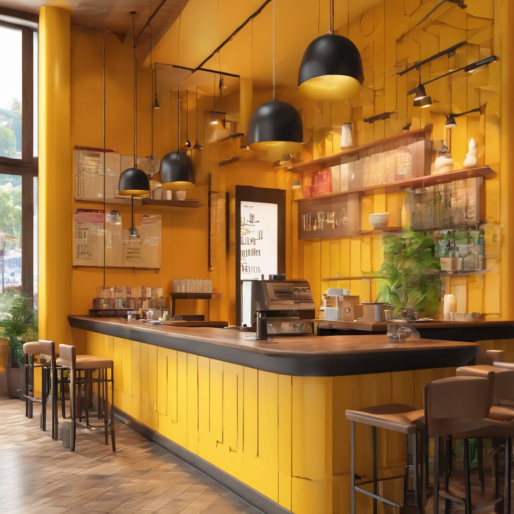 More 1 Café Venâncio Aires is a yellow coffee shop in the center of the city. Customers feel happy when they drink coffee from the yellow cup. Um atendente homem com franja e uma mulher na cor negra atende