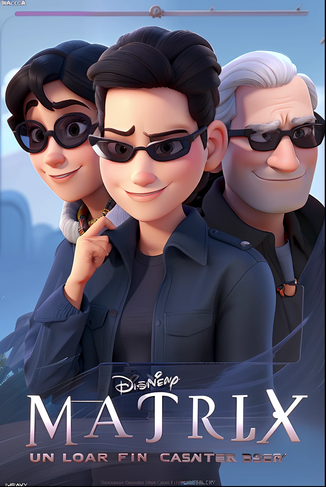 A woman in sunglasses, um homem branco e um homem  ????? careca estilo disney pixar,
alta qualidade, melhor qualidade