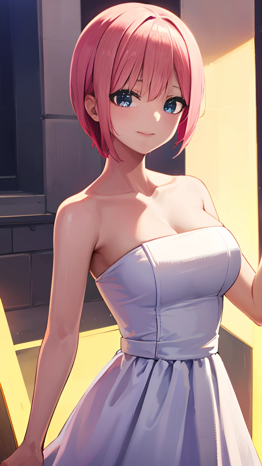 ichikanakano, ichika nakano, Short hair, Bangs, Blue eyes, hair between eye, Pink hair,
wedding dress,
BREAK (masutepiece:1.2), Best Quality, High resolution, Unity 8k壁纸, extra detailed face, Perfect Lighting, extremely details CG, (Perfect hands, Perfect Anatomy),A smile、cowboy shot