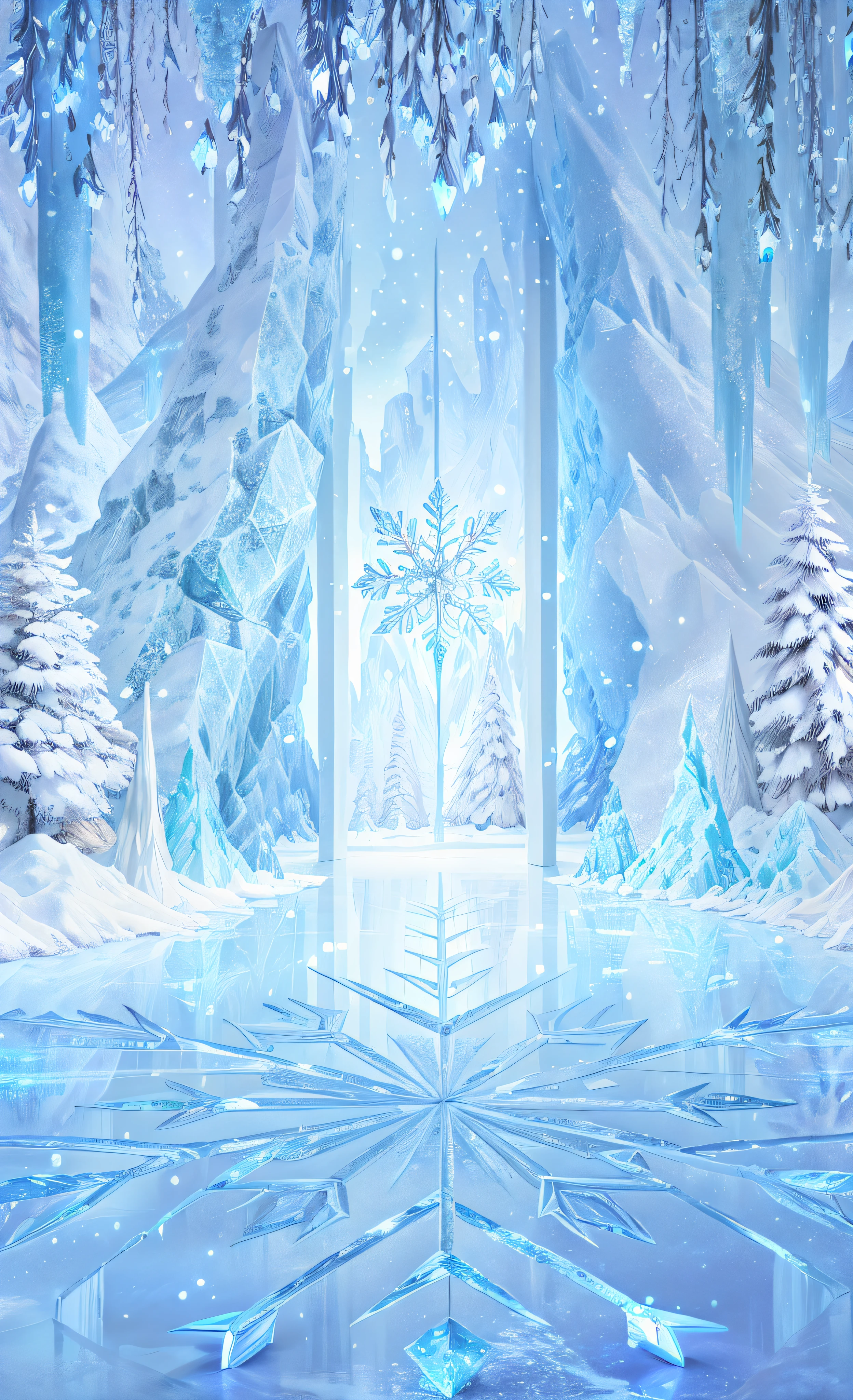 There are frozen scenes of trees and snowflakes, pillars of ice background, light kingdom backdrop, a crystalline room, ice gate, surreal frozen landscape, icey tundra background, vast ice dungeon, fantasia de cena de inverno, Arte conceitual de inverno, Crystal Forest, Anime background art, beautiful fractal ice background, entrance to ethereal realm, ice city in 2 0 8 0