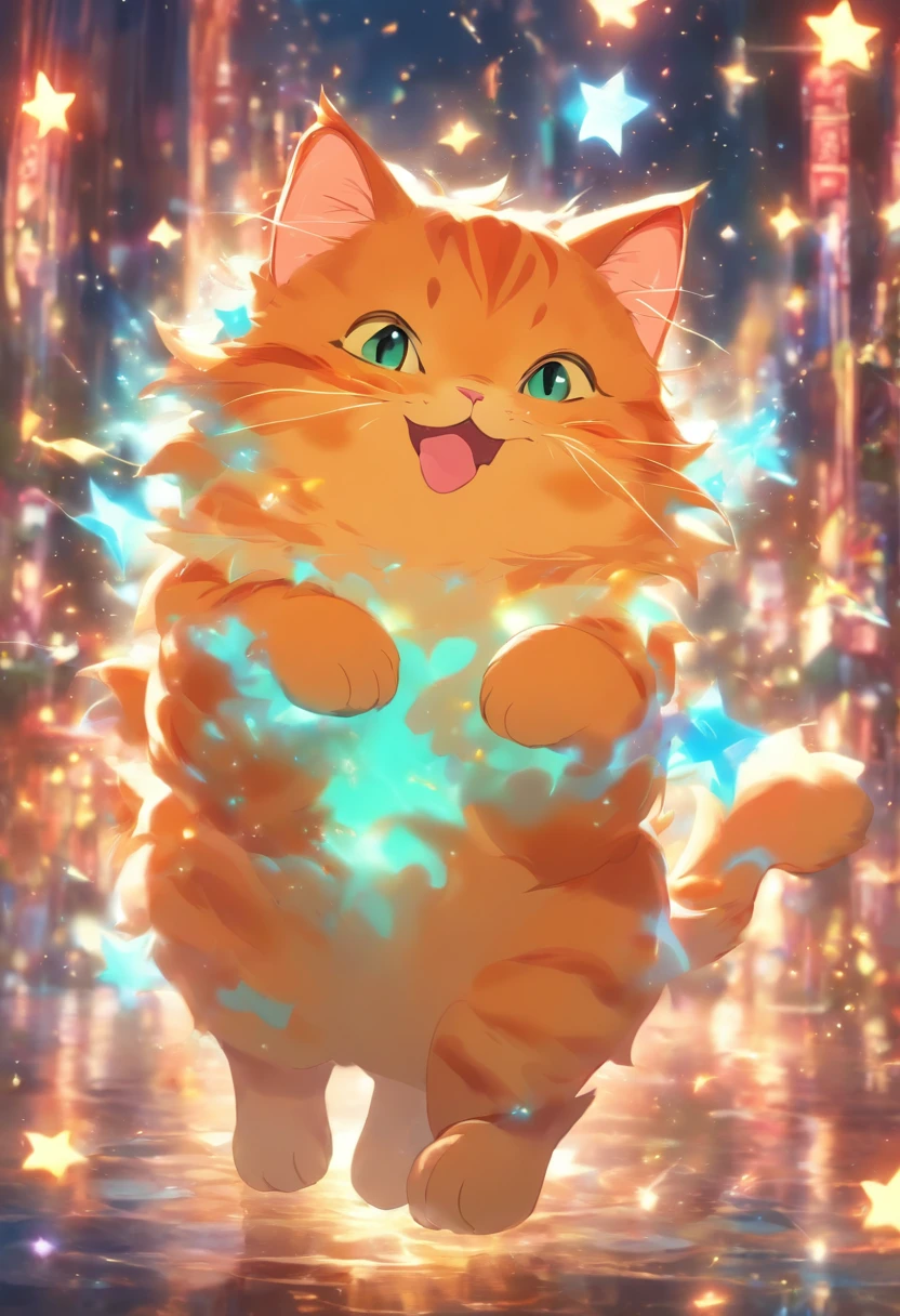 Red tabby cat, fat, round face, magical glow, bright colors