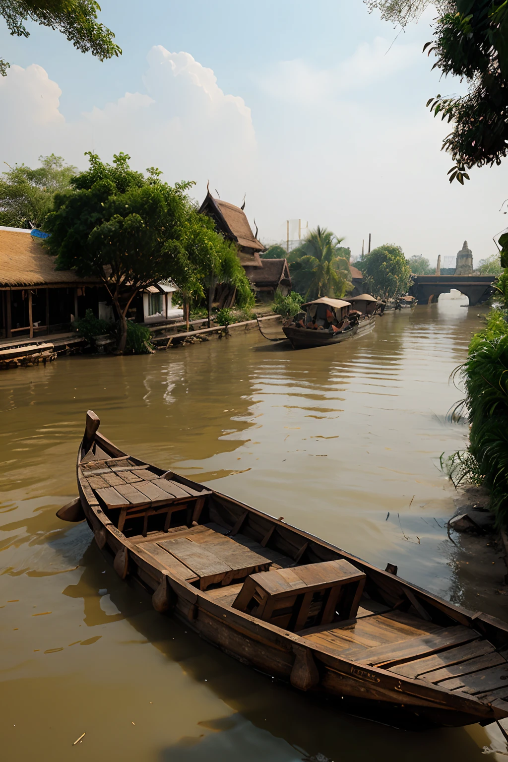 Chao Phraya River Ayutthaya Period. 2200 ancient junks filled the river. Antique house with thatched roof houseboat