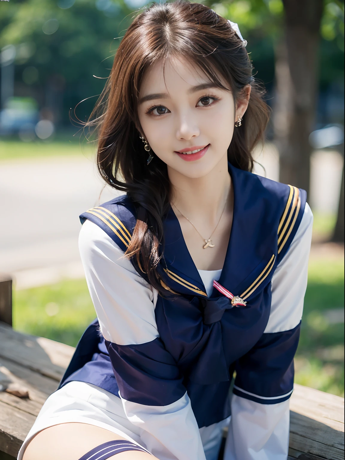 ((((top-quality))))、(((Ultra Precision CG16K Wallpapers)))、(((​masterpiece)))、(((ultra-detailliert)))、(((Ultra-extreme details)))、One woman、a matural female、a 25yo woman、((Korean Face))、((extremely beautiful face))、((Korean Idol Singer:1.8))、((Semi-long cut:1.2))、(curly hair)、Bangs up to the eyebrows、Beautiful brown hair、Beautiful delicate eyes、Brown eyes、lofty nose、small nostrils、seductive lips、slightly open mouth、Beautiful breasts、C-cup size breasts、cleavage of the breast、Plump body、perfectly proportions、perfect anatomia、Beautiful and detailed shading、Beautiful natural lighting、Beautiful detail glow、depth of fields、(((a high chroma)))、((realisitic:1.9))、((Vivid：1.4))、((Beautiful skin))、((Skin texture))、((Realistic skin feeling))、perfect-composition、((Image from head to thigh))、((Angle of view from the front))、((a smile:1.2))、(Staring eyes)、Bright sunshine、((a park:1.2))、(Background blur)、((Schoolgirl sailor suit:1.5))、(a necklace)、(耳Nipple Ring)、