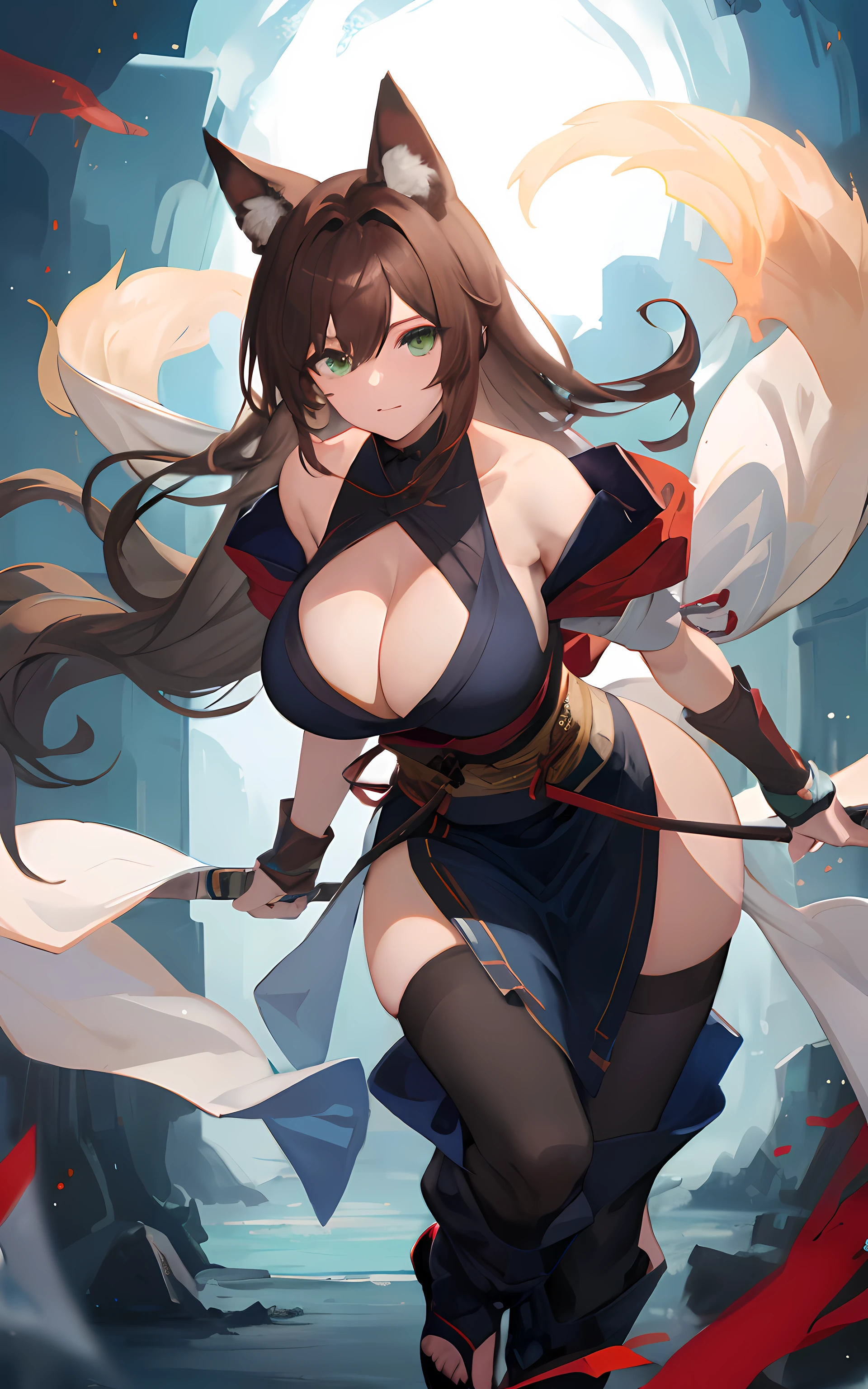 (Masterpiece: 1.5), (Best Quality: 1.5), Perfect Eyes, Perfect Face, Detailed Eyes, Volumetric Lighting, 1 Woman, Mature Woman, (Whiteness: 5), fox ears, fox tail, dark brown hair, green eyes, long hair, ninja, shinobi, open shoulder, sexy, cowboy shot, massive breasts, massive cleavage, wide hips, Full Body,