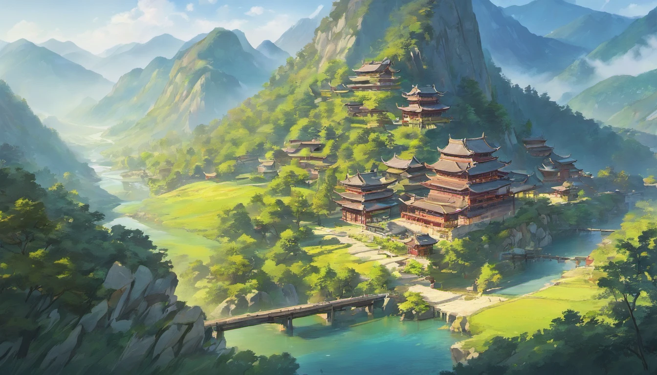 A mountain painting with a river and a village, Chinese painting style, inspired by Huang Binhong, Traditional Chinese Ink Painting, Chinese ink painting, Traditional Chinese painting, Traditional Chinese art, inspired by Zhang Shunzi, Chinese landscape, China ink painting, Chinese painting, inspired by Wang Shishen, inspired by Chang Dai-chien