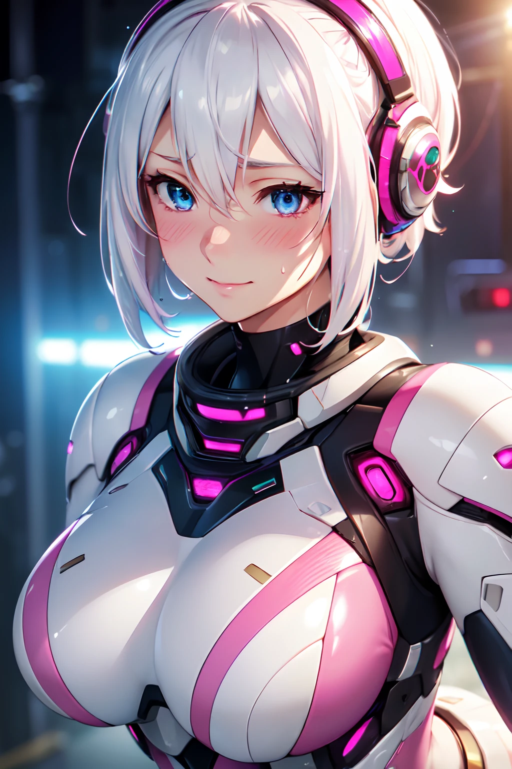 (High quality, High resolution, Fine details, Realistic), Pink Machine suits, Science Fiction, World of the Near Future, solo, Adult Woman, White Hair, sparkling eyes, Detailed eyes, smile, blush, Large breasts, Sweat, Oily skin, (Dynamic Poses, Motion Blur), Shallow depth of field