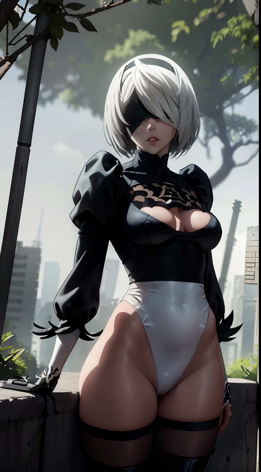 ruined city, The city, overgrown with plants, Ruins, 2b от Nier Automata, White Hair Bob, ashy hair, The eyes are covered with a bandage, Cyan eyes, black dress with a short skirt, neckline on the chest, white panty, black stockings, high black boots, high-heeled boots, very extremely beautiful, Full-length(Body Full 1.1),Game nier automata, high detail official illustrations, ((beautiful fantasy girl)),Red Small Breasts, Her breasts are sticking out from under her clothes, BREAK (Master Part: 1.2), Best Quality, High Resolution, photorealestic, photogenic, Unity 8k壁纸, (illustartion: 0.8), (Beautiful detailed bluish-gray eyes: 1.6), extremely detailed face, perfect lighting, extremely detailed CGI , (perfect arms, perfect anatomy), A girl with perfect breasts, beatiful face, master study, intricate details, Detalhes realistas, the anime, (Based on nier automata) the perfect body, Perfect Pointed Breasts, The Perfect Girl, perfect details, Ultra HD |, 8K, Professional photo, 2B Shows Off His Sexy Body,