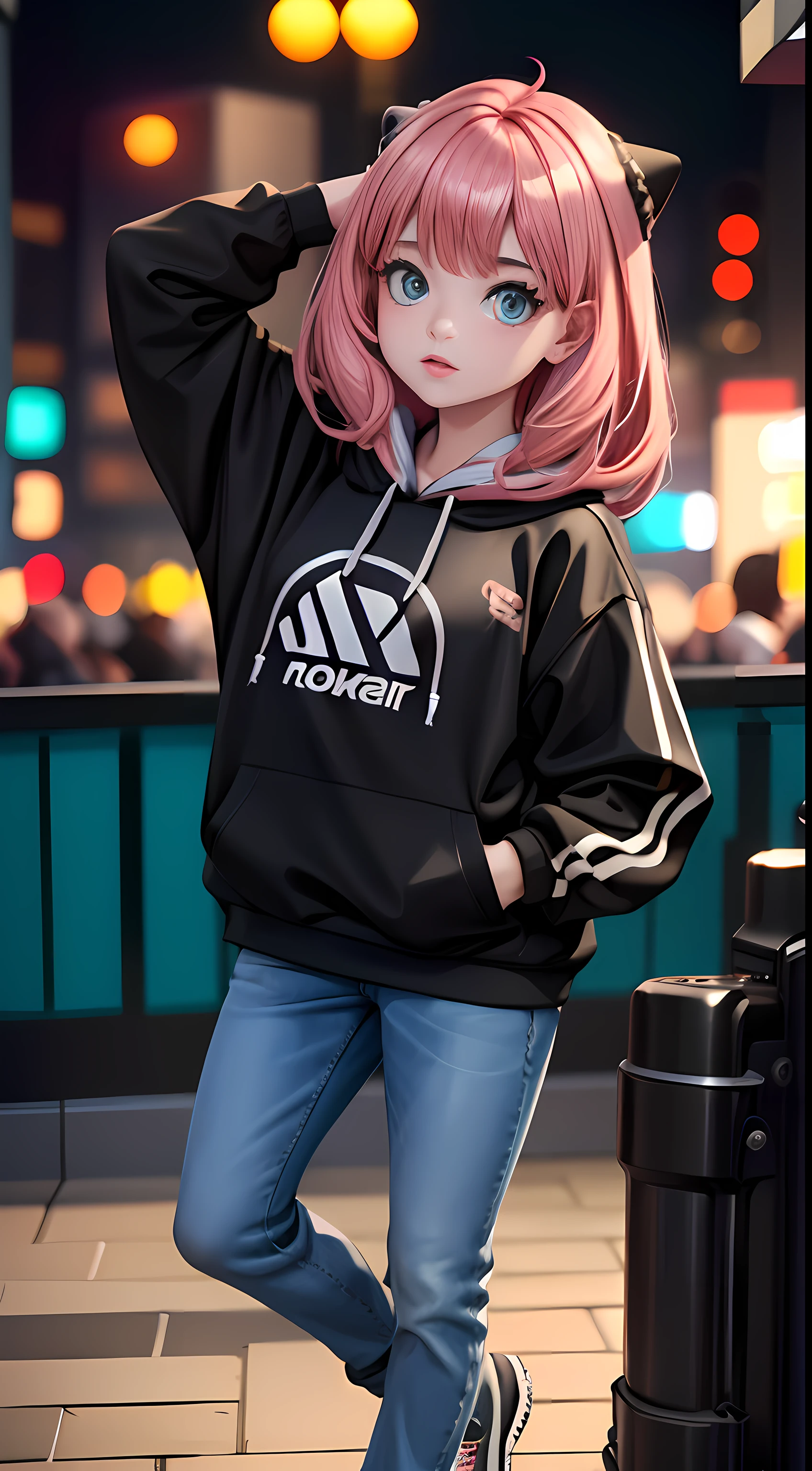 Masterpiece, (best quality,highres), full body shot, Anya forger, wearing Streetwear Hoodie, black jeans, detailed eyes, detailed lips, hair texture, soft background, vivid colors, dinamic lighting, bokeh