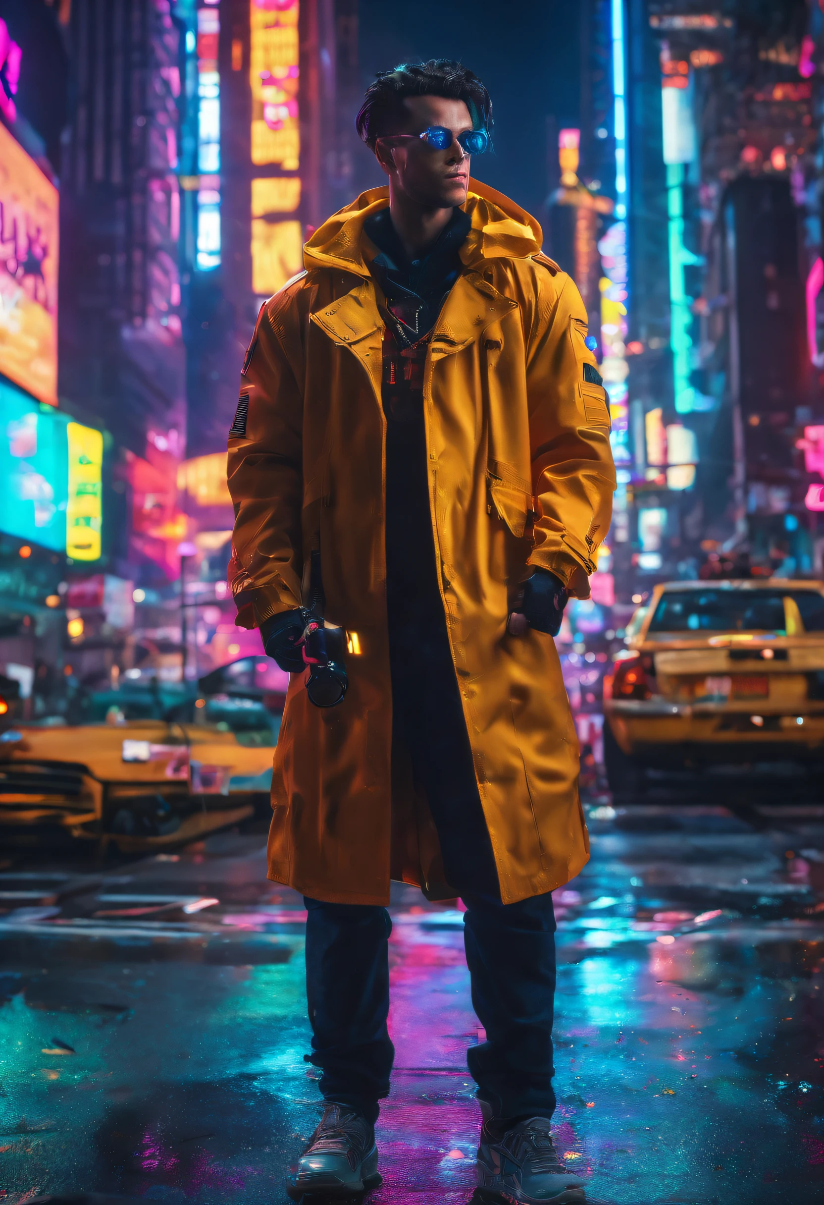 (best quality,8k,Realistic,cinematic images:1.2),ultra-detalhado,((1 masculino)), Personagem masculino bonito de Nova York, 20 anos, ((tiro de corpo inteiro)), masculine features, pale skin, (cabelos pretos), cara sardada、 (Large Composition in 8k, fotorrealista, foco nítido), ((Requintado fundo da noite chuvosa de Nova York)), Digital SLR, detalhes intrincados, thirds rule, cyberpunk, Neons,