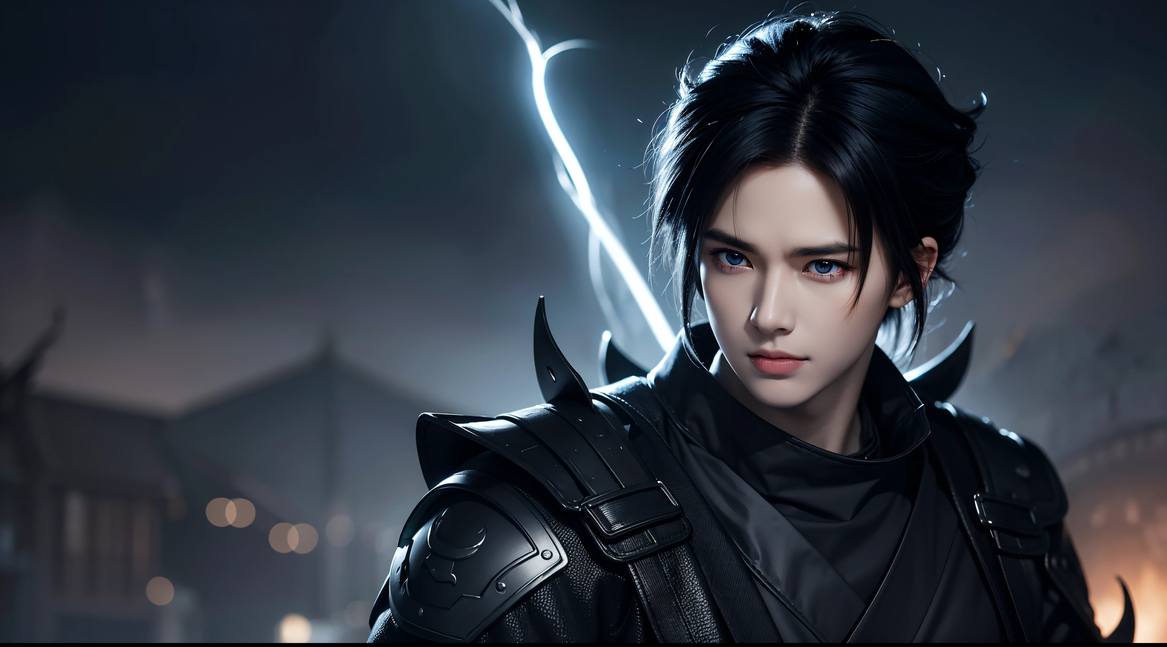 An 8k masterpiece, highest resolution, every detail, meticulous detail, depth of field, bright colors, beautiful composition: anime character Sasuke impresses with his black hair and glowing eyes Beautifully detailed lighting, standing against a dark and ominous background. This handsome demon slayer is the epitome of bad guys in the fantasy art world.