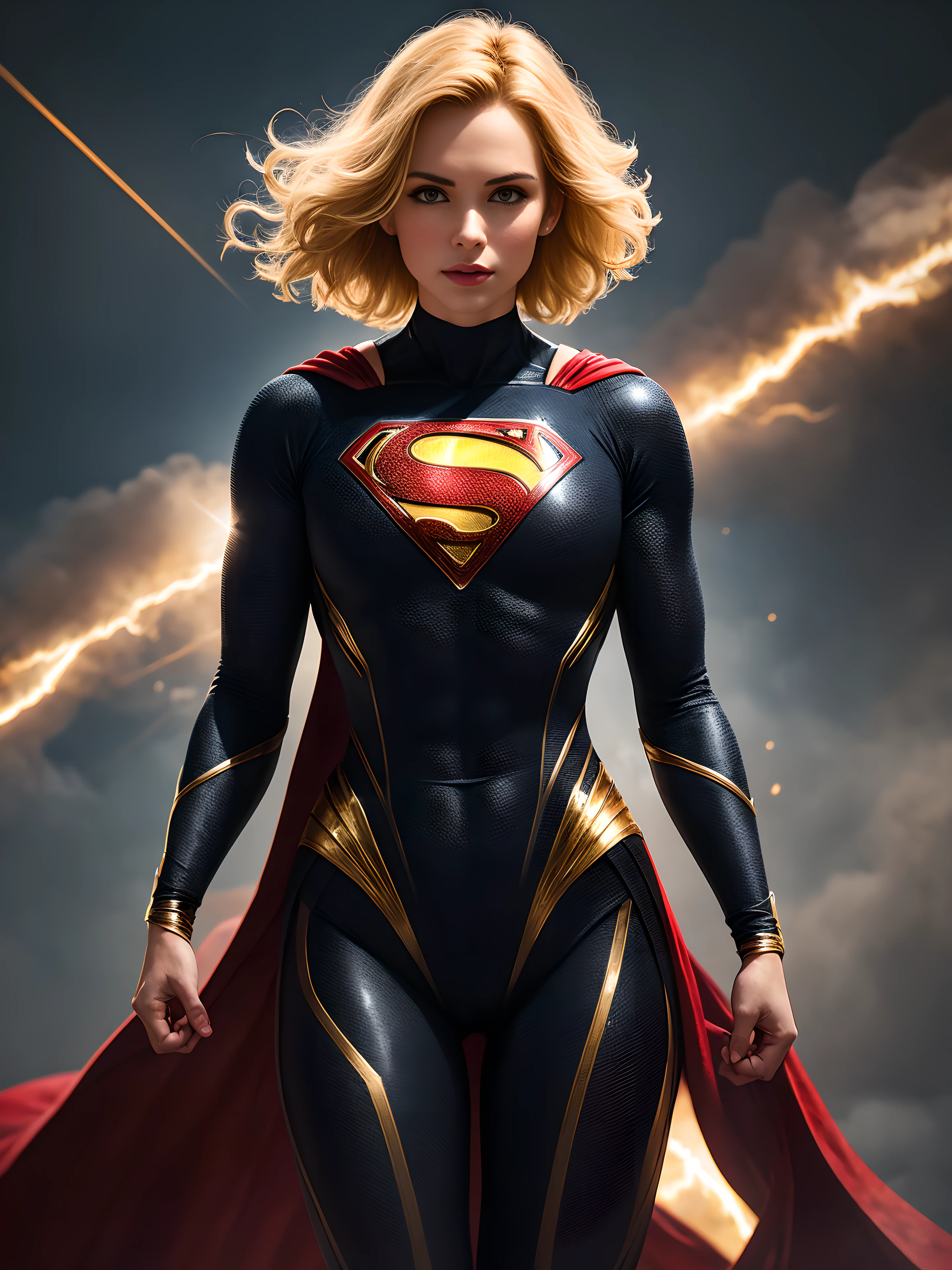 A 27-year-old girl with golden hair in an elaborate black long-sleeved Superman suit, covering the whole body, red chestcoat, Black Superman Costume, Suit with red carbon fiber details, flying in the sky, thigh gap, (intricate details:0.9), (HDR, hyper-detailing:1.2), (natural skin textures, hyper realisitc, Sharp)