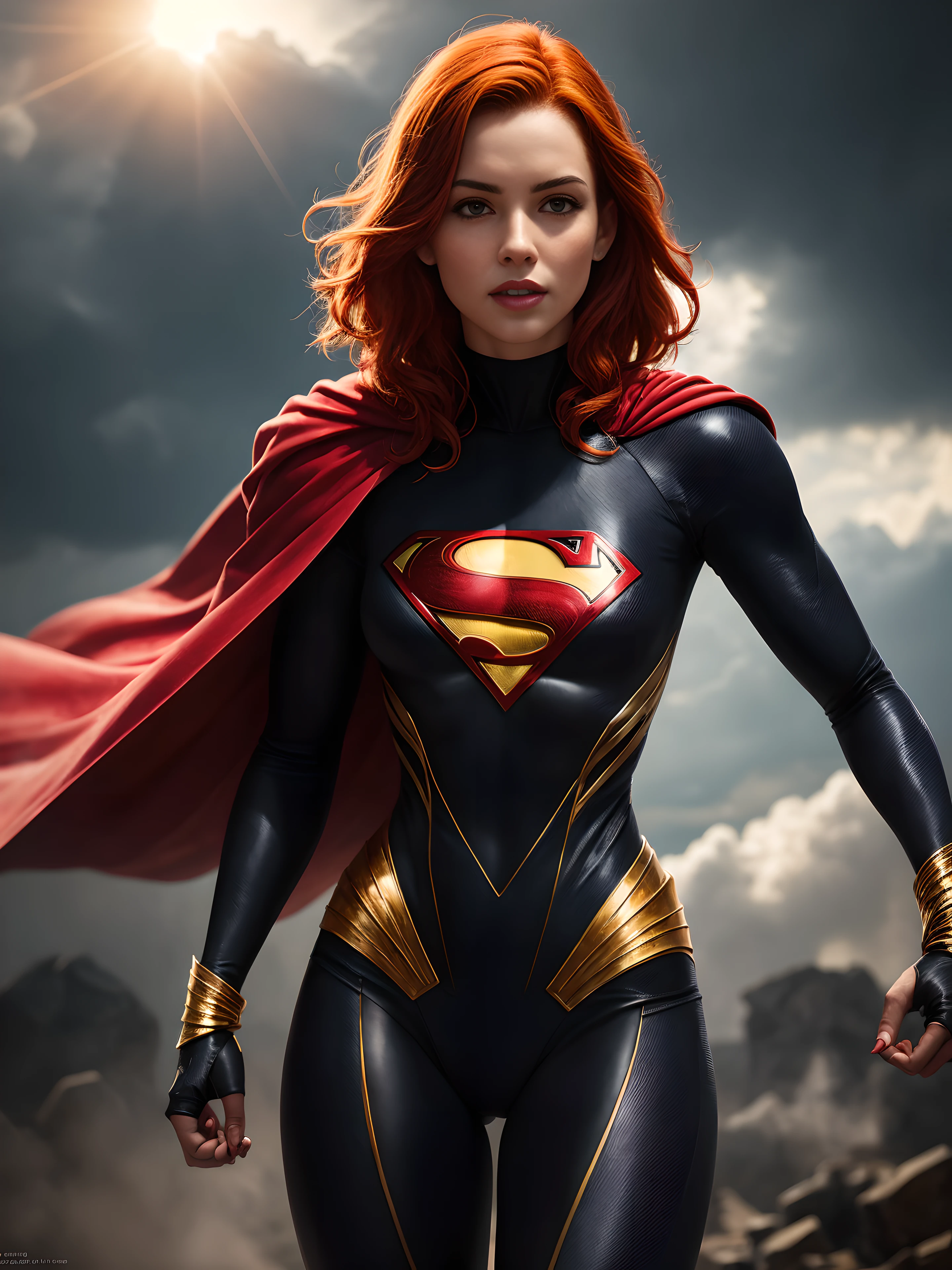 A 27-year-old girl with red hair in an elaborate black Superman costume with long sleeves, covering the whole body, red chestcoat, Black Superman Costume, Suit with red carbon fiber details, flying in the sky, thigh gap, (intricate details:0.9), (HDR, hyper-detailing:1.2), (natural skin textures, hyper realisitc, Sharp)