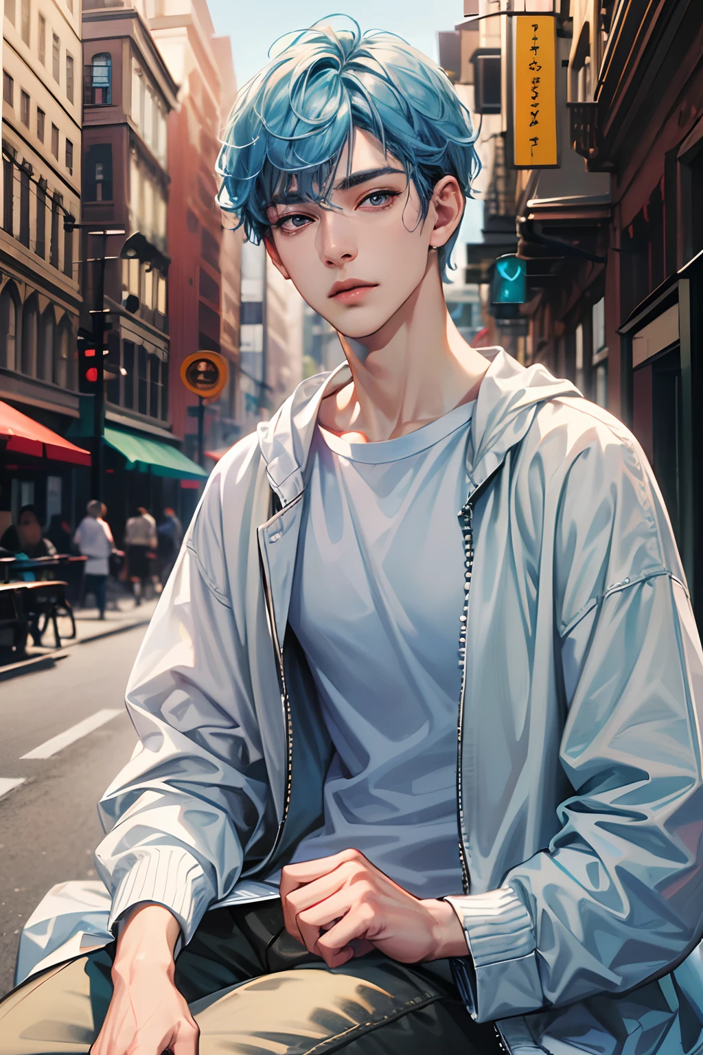 (absurdres, highres, ultra detailed, HDR), masterpiece, best quality, 1boy, solo, handsome, short hair, light blue hair, finely eye and detailed face, ((loose white t-shirt)), (white jacket), (pale and brown skin), look at viewer, ear piecing, sitting on bench, park in background