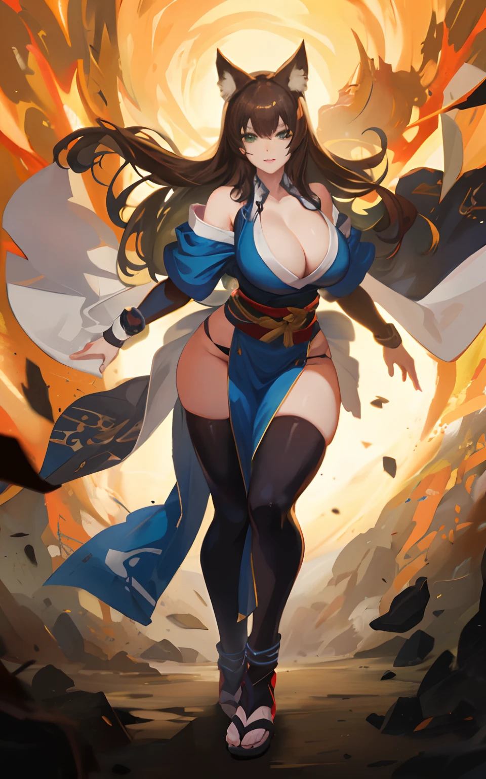 (Masterpiece: 1.5), (Best Quality: 1.5), Perfect Eyes, Perfect Face, Detailed Eyes, Volumetric Lighting, 1 Woman, Mature Woman, (Whiteness: 5), fox ears, fox tail, dark brown hair, green eyes, long hair, ninja, shinobi, open shoulder, sexy, cowboy shot, massive breasts, massive cleavage, wide hips, Full Body,