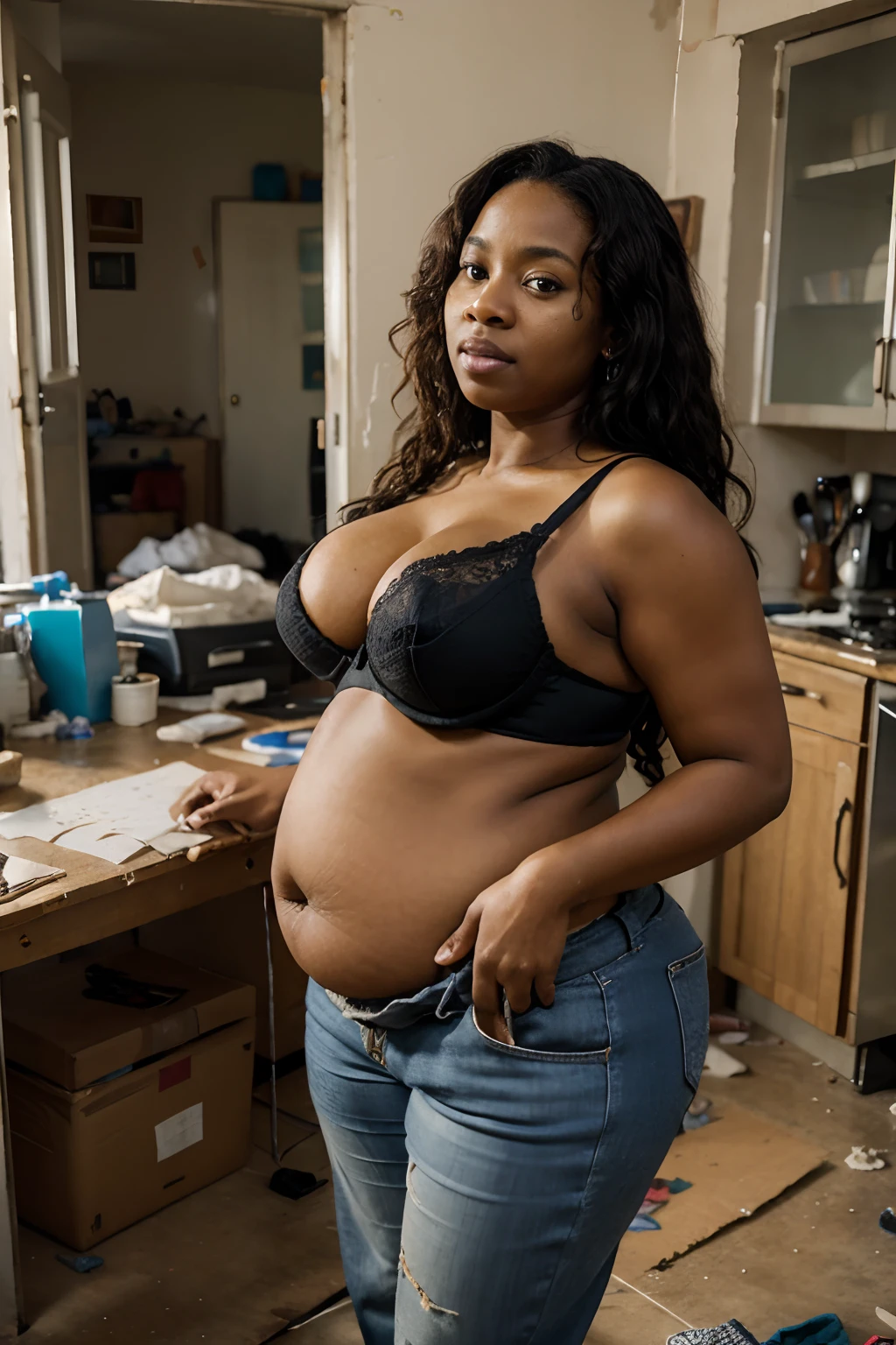 ((Best Quality, 8k, Masterpiece: 1.3)), Photorealistic, Sharp Focus, High Quality, High Resolution, Portrait, Solo, africa, Middle Aged black Woman, Beauty, 45 Years Old, Plump, Wavy Hair, Bra, Trousers, Wrinkles at the corners of the eyes, Messy room, Scrap paper, Dirty floor, Tissue, Tablets, Messy room, Tattered house, big belly, overweight, black skin, small breats