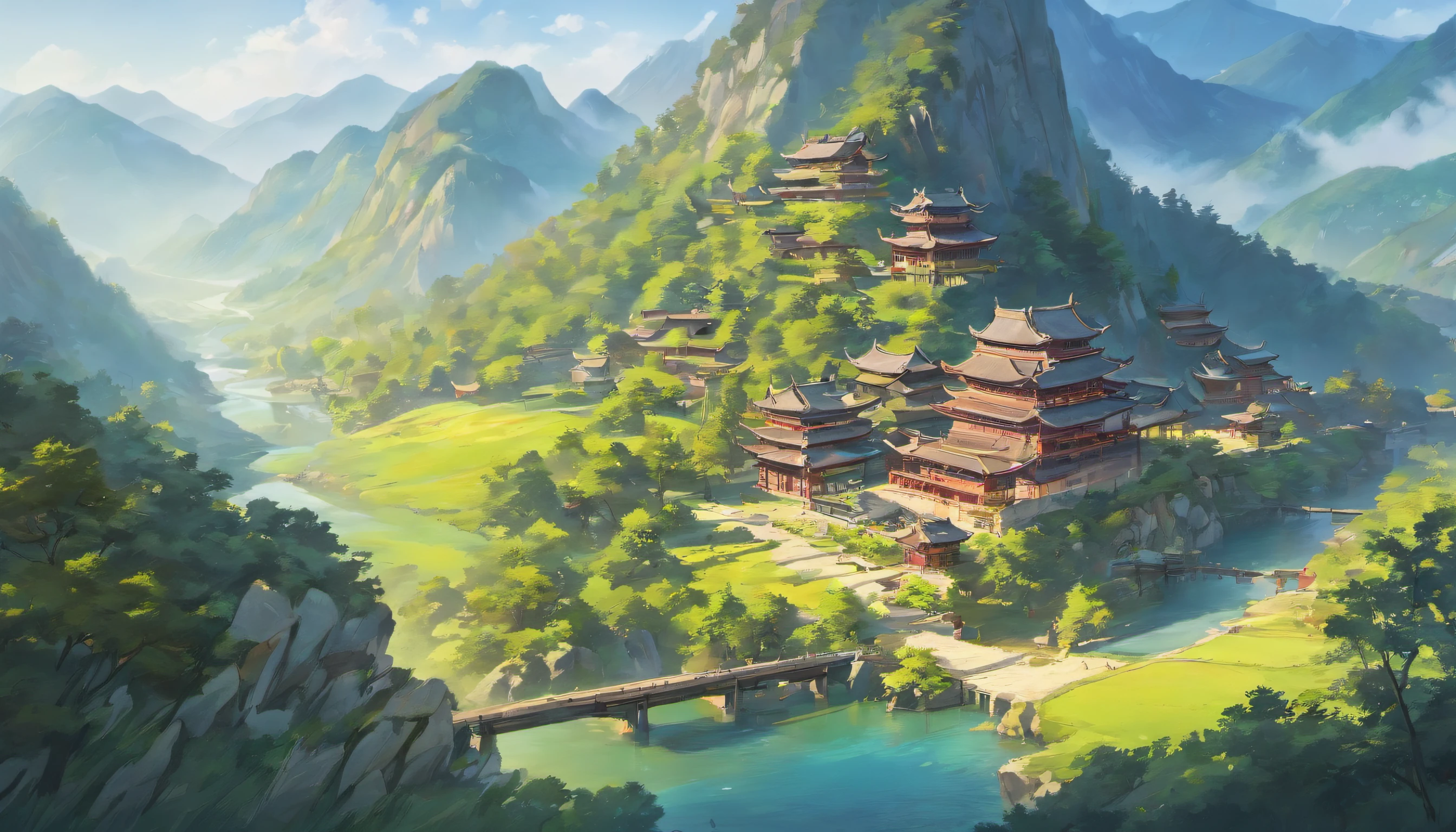 A mountain painting with a river and a village, Chinese painting style, inspired by Huang Binhong, Traditional Chinese Ink Painting, Chinese ink painting, Traditional Chinese painting, Traditional Chinese art, inspired by Zhang Shunzi, Chinese landscape, China ink painting, Chinese painting, inspired by Wang Shishen, inspired by Chang Dai-chien