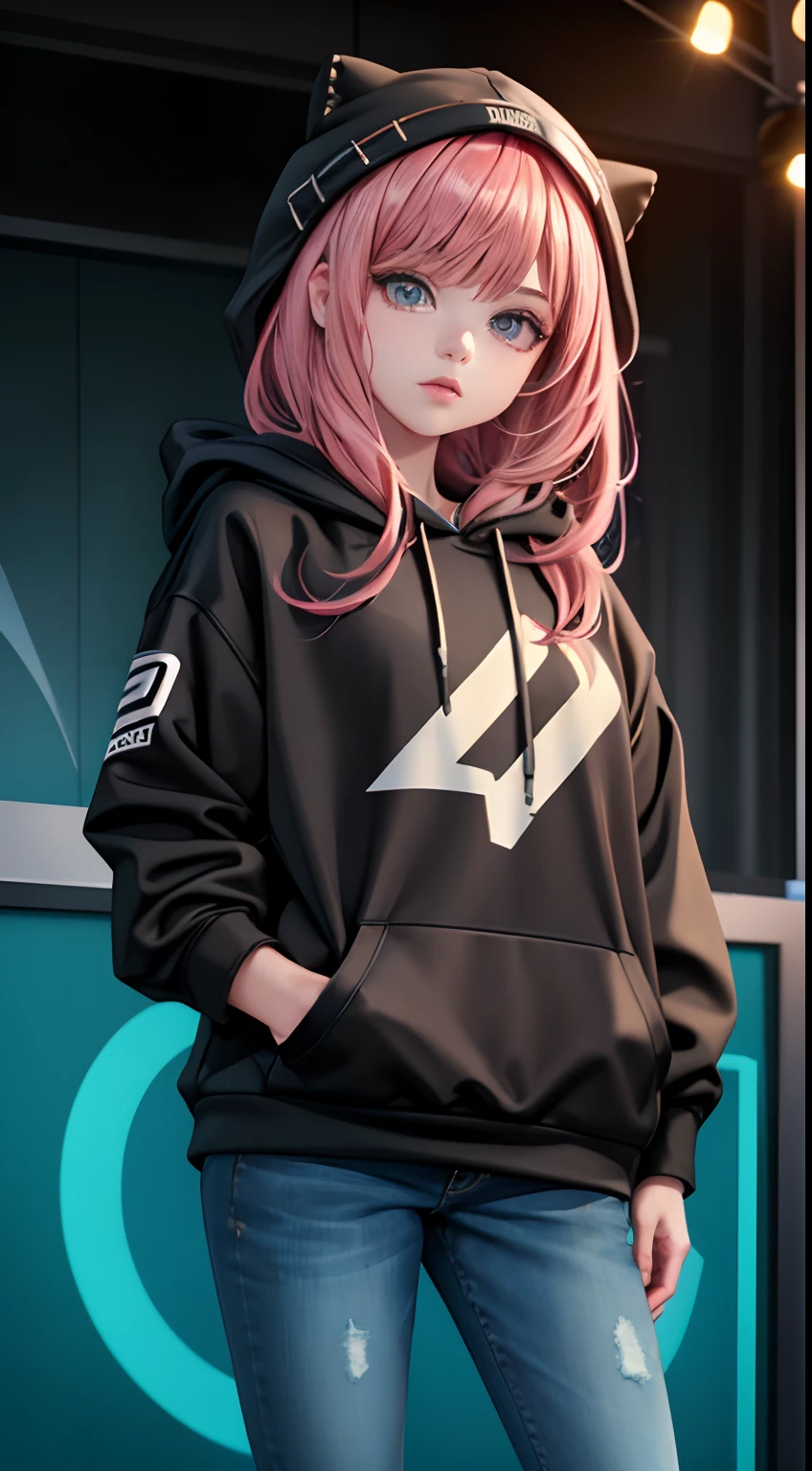 Masterpiece, (best quality,highres), full body shot, Anya forger, wearing Streetwear Hoodie, black jeans, detailed eyes, detailed lips, hair texture, soft background, vivid colors, dinamic lighting, bokeh