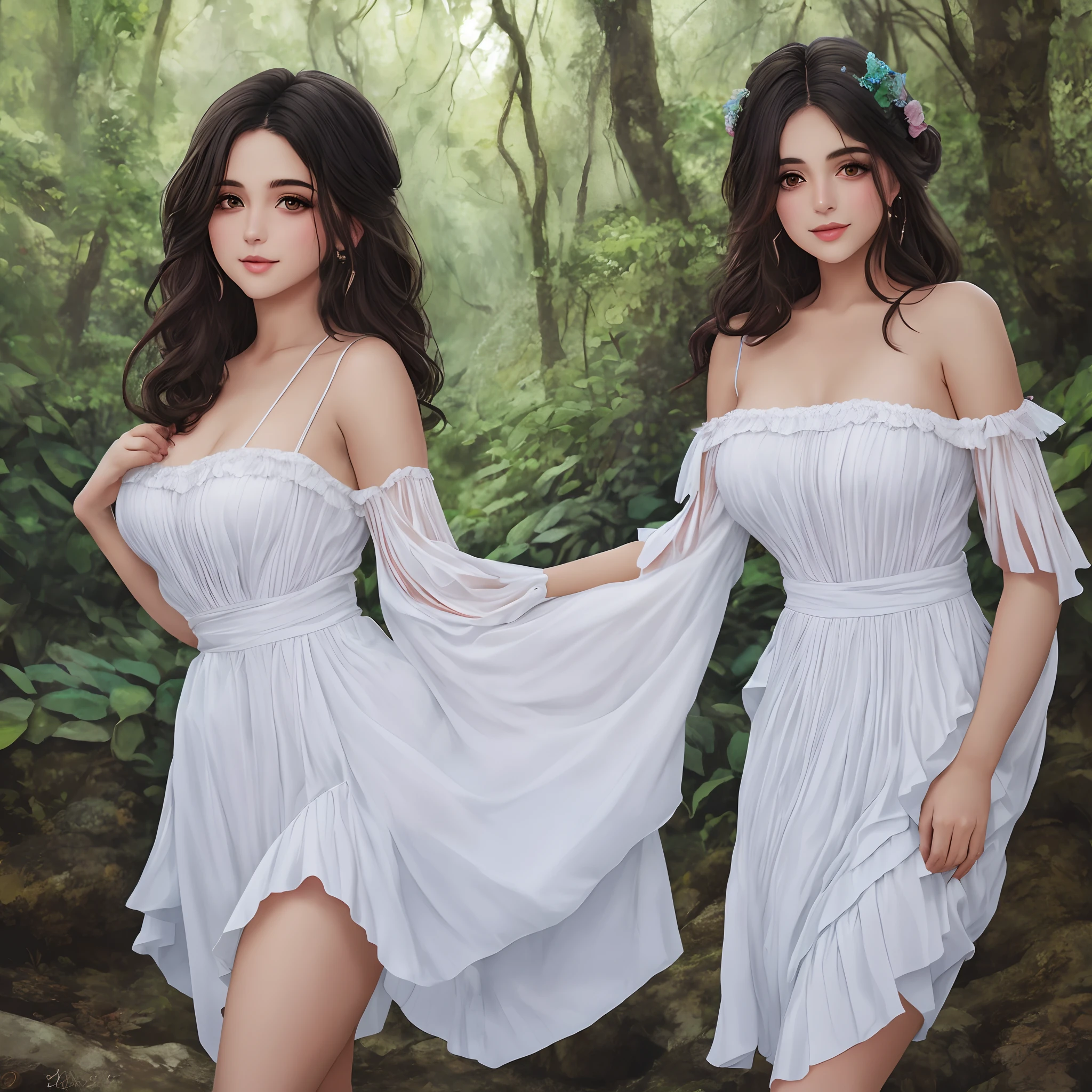 Acuarela de hermosa joven, cabello rubio suelto, cuerpo entero detallado, silueta sensual, vestida con tunica ligera, Folded and snug, fondo de rosas y bosque, color de ojos azules, alegre, discreta