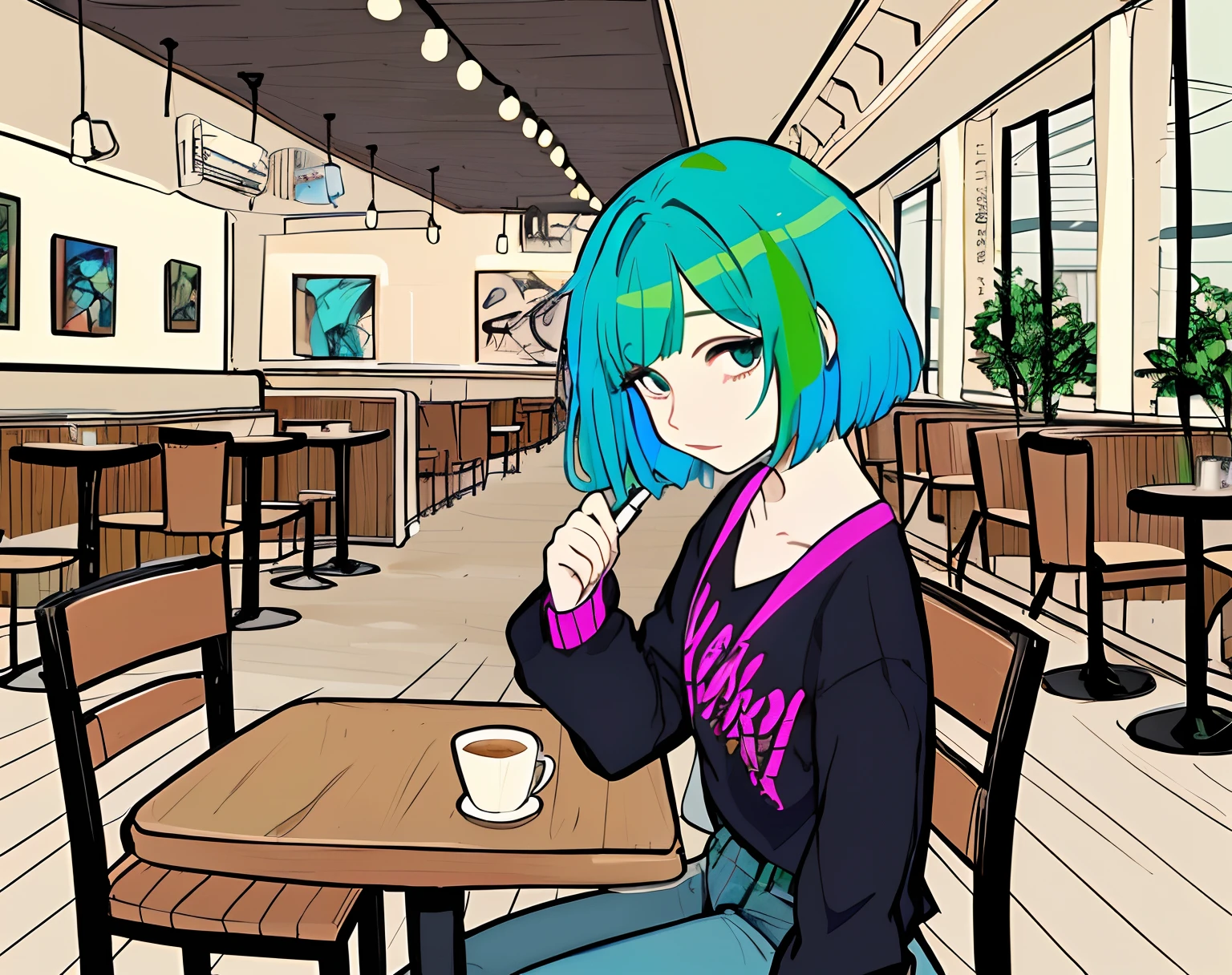 Desenhe uma personagem feminina com cabelo azul puxado para um rabo de cavalo. She's wearing a faded green plaid shirt and she's sitting in a café, fumando um cigarro. His face expresses seriousness and perhaps a touch of mystery. O desenho deve ser enquadrado como uma foto de perfil, destacando o rosto e os ombros da personagem.

No estilo de arte semelhante ao de 'Scott Pilgrim', a personagem deve ser desenhada com linhas fortes e cores vibrantes, apresentando um visual moderno e peculiar. The ambiance of the café can include elements that are characteristic of the environment, Curtir tabelas, Chairs and décor details, staying true to the graphic and dynamic style of said art style