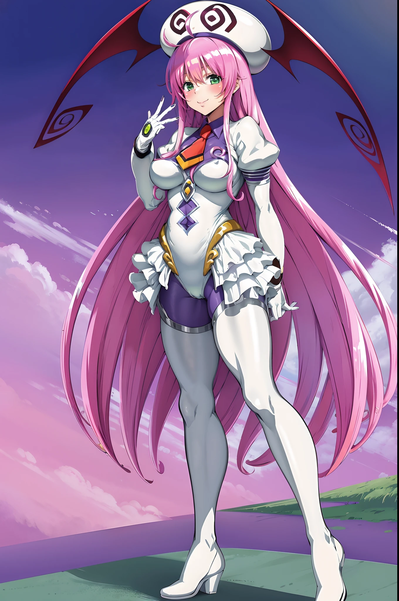 masterpiece, best quality, masterpiece, best quality, lala satalin deviluke, green eyes, pink hair, long hair, ahoge, white headwear, head wings, bodysuit, leotard, necktie, white gloves, showgirl skirt, thighhighs, white footwear, looking at viewer, beautiful landscape