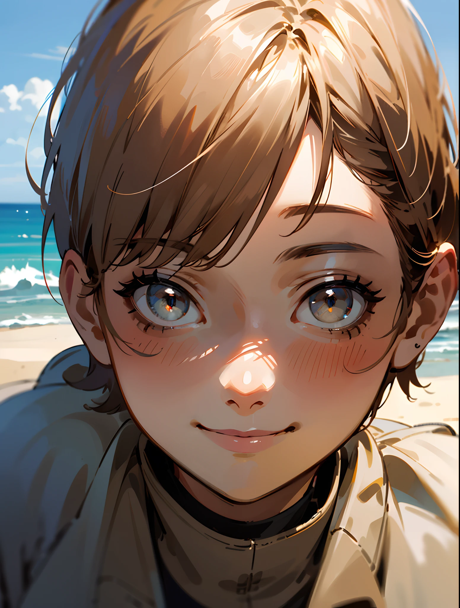 (beach:1), afternoon, outdoor, light brown fringe short hair, light brown eyes, 1girl, smile, innocent, (photorealistic), look at viewer, face viewer, not dressed, (intricate details:1.2),(masterpiece, :1.3),(best quality:1.4), (ultra highres:1.2), ultra high res, (detailed eyes), (detailed facial features), HDR, 8k resolution, (lens flare:0.7), turn around, (BBQ with friends:1)