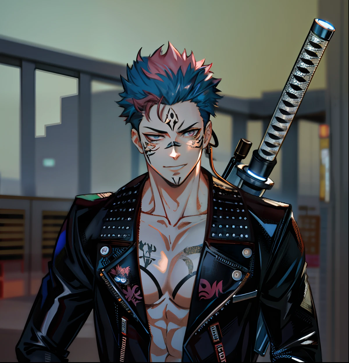 masterpiece, best quality, ultra-detailed, texture, detail eyes,8k, 1boy, Sukuna, a man with pink hair and shirtless, tattoo_ryoumen, tattoo_on_his_face, tattoo on body, looking at viewer, abs, detailed eyes, detailed face, (masterpiece:1.4),(best quality:1.4),(shiny skin),realistic, bright, neon lights, night, midnight, city, cyberpunk, light ,