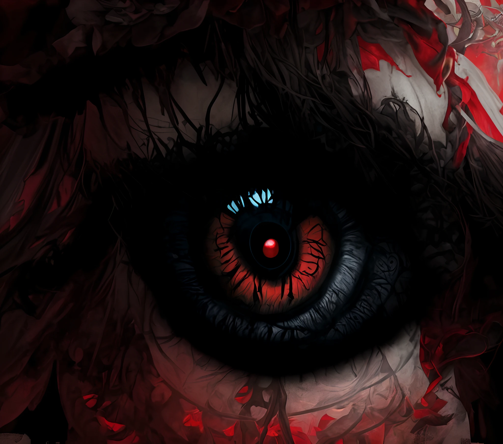 A girl with devil eyes, intense gaze, and red eye color, wearing a vibrant red dress, stands in a mystical garden illuminated by a full moon. The garden is filled with exotic flowers, their petals reflecting the eerie red light. The girl's eyes are mesmerizing and detailed, with intricate patterns and vibrant red tones that symbolize power and mystique. In the background, shadowy figures lurk, hinting at secrets and dark magic. The scene is depicted using a hyper-realistic medium, resembling a high-resolution photograph. The lighting is dramatic, casting deep shadows and creating a sense of mystery. The colors are vivid and saturated, highlighting the contrasting tones of red and darkness. The image is of the best quality, with ultra-detailed features, capturing every intricate detail of the girl's face, dress, and surroundings. The overall atmosphere is both enchanting and unsettling, evoking a sense of danger and allure.