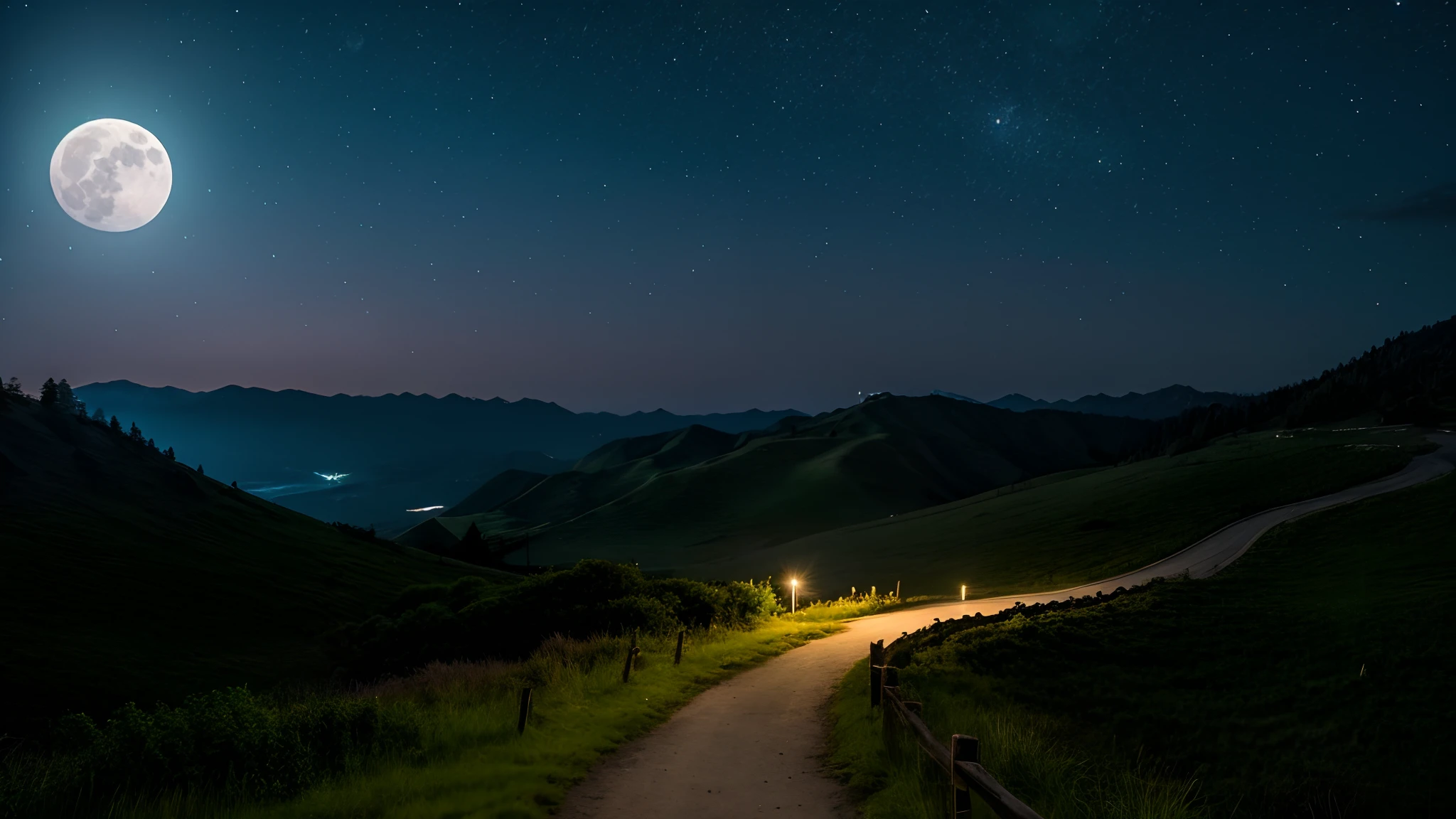 A very large full moon to the right of the night。A mysterious landscape where the mountain road turns to the left