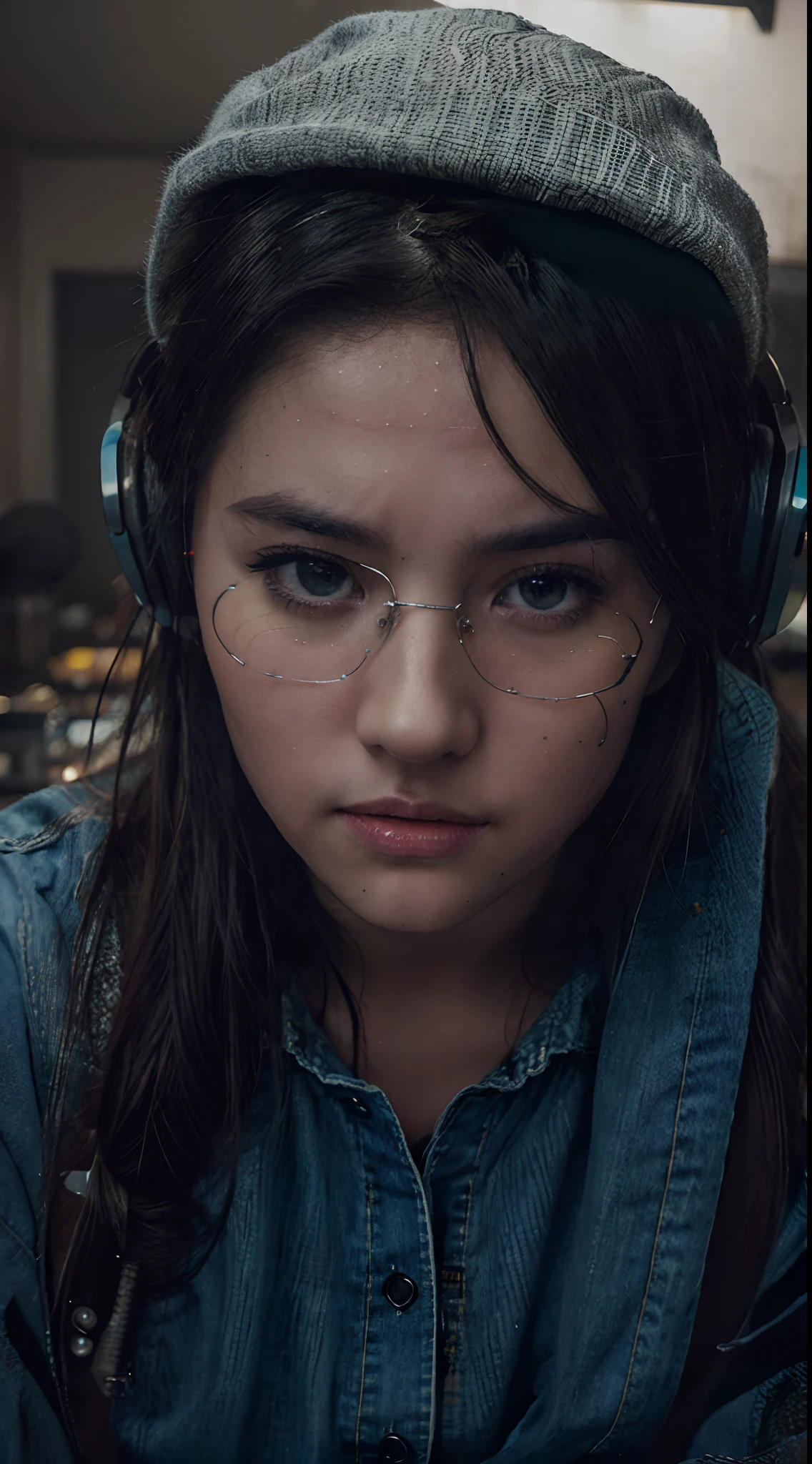 A Fabulously charged portrayal of adolescent women, a stunning grunge picture, an expressionist chef cocked in an aesthetic dark kitchen, wearing ripped jeans and boots, toque hat cook , flannel shirts over t-shirts, cooking in action like crazy, cute and beautiful, futuristic glasses, headphones, texture detailed, brilliant, front, award-winning picture, extremely detailed, stunning, inspired by amanda sage, fine detail, art by Lee Jeffries and Alberto Seveso , mws, low angle, rich colors, hyper-realistic, realistic texture, dramatic lighting, cinematic, ultra HD 8k, Mysterious