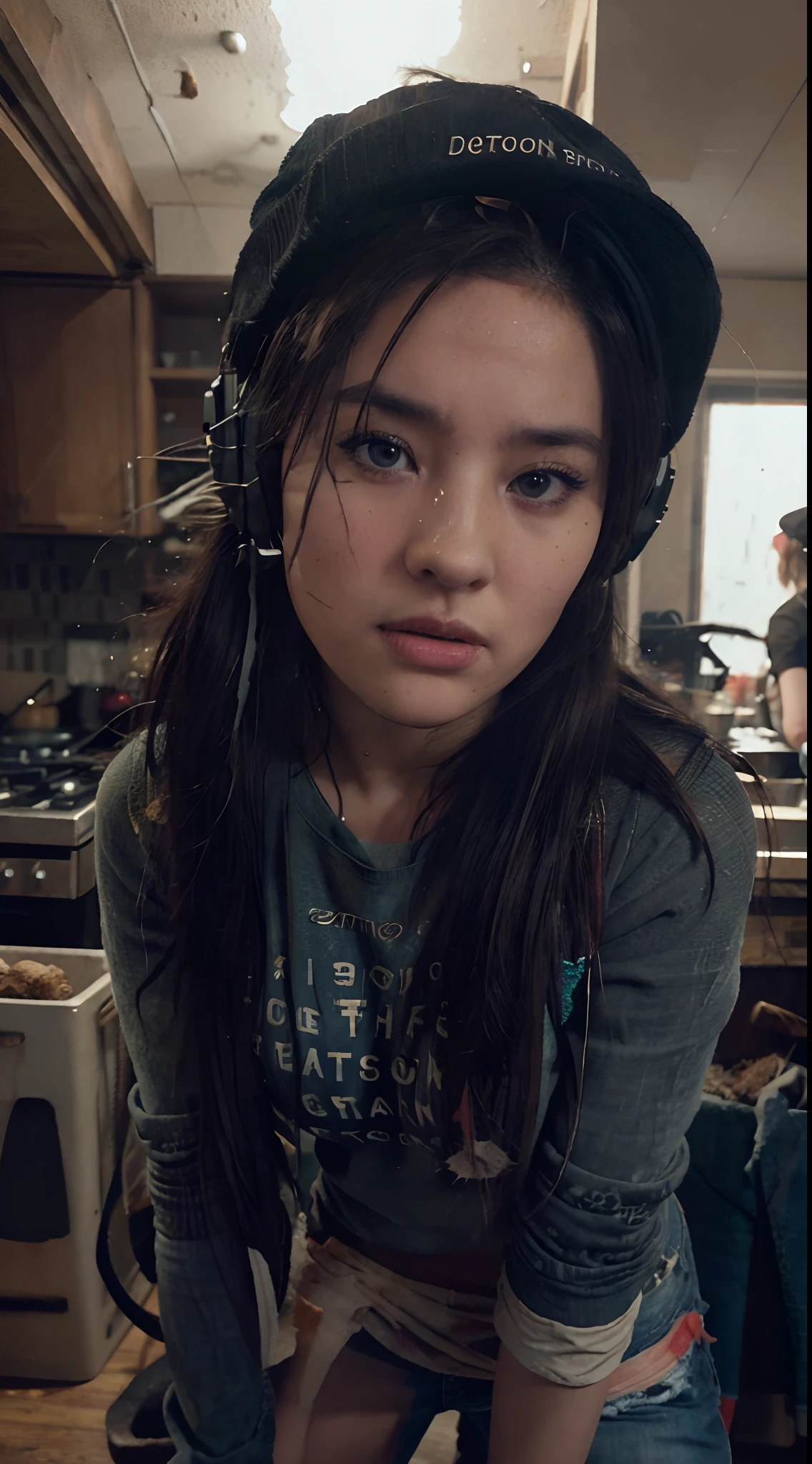 A Fabulously charged portrayal of adolescent women, a stunning grunge picture, an expressionist chef cocked in an aesthetic dark kitchen,  wearing  ripped jeans and boots, toque hat cook , flannel shirts over t-shirts, cooking in action like crazy, cute and beautiful, futuristic glasses, headphones, texture detailed, brilliant, front, award-winning picture, extremely detailed, stunning, inspired by amanda sage, fine detail, art by Lee Jeffries and Alberto Seveso , mws, low angle, rich colors, hyper-realistic, realistic texture, dramatic lighting, cinematic, ultra HD 8k, Mysterious
