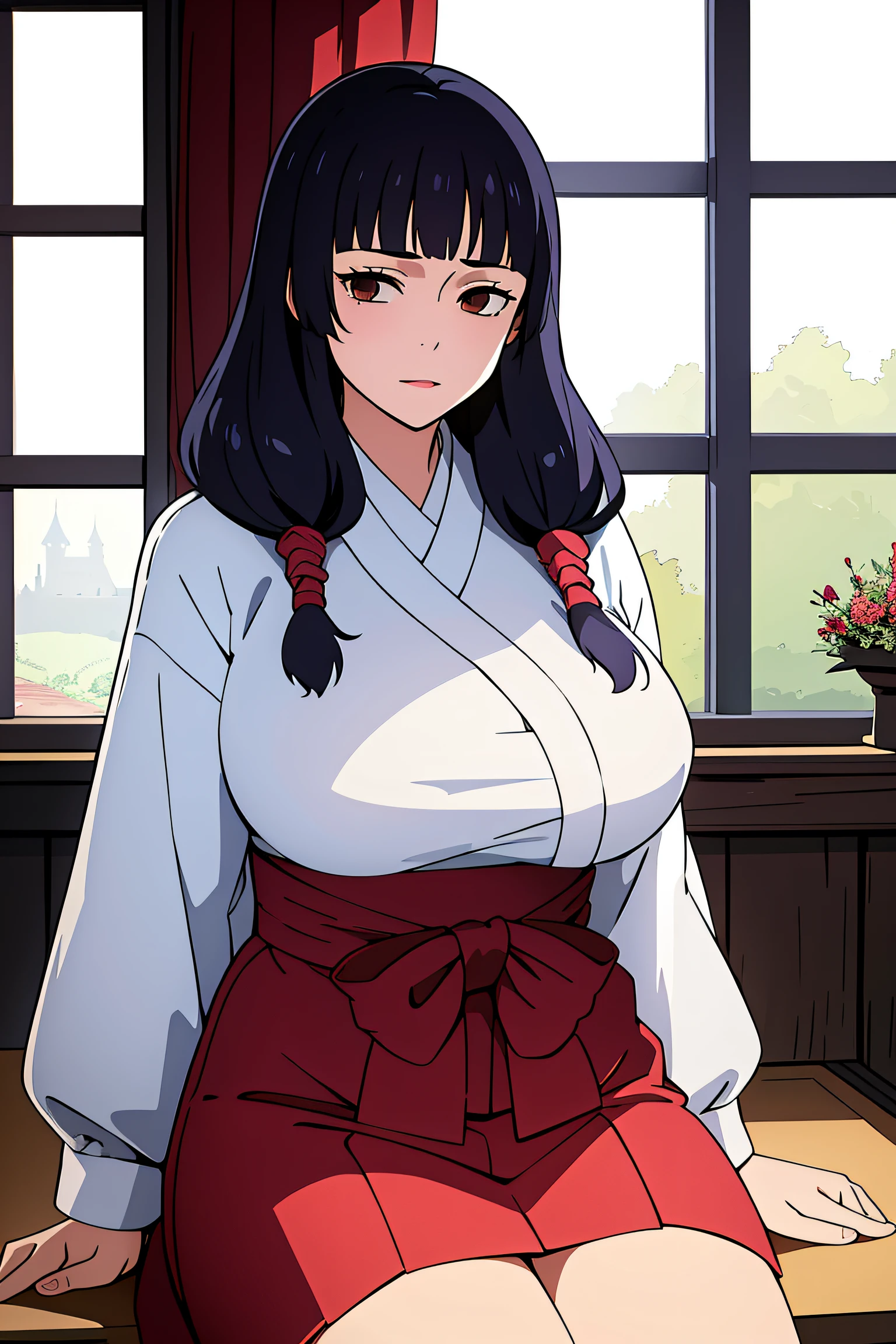 masterpiece, ((ultra detailed background, delicate pattern, intricate detail)), (highly detailed, fine details), best quality, beautiful lighting, ((huge breasts, slim girl)), Utahime, 1girl, solo, black hair, long hair, brown eyes, japanese clothes, twintails, Students suit, short skrt, blunt bangs, red hakama, complex detailed background, inside, castle room environment, medieval castle, gray walls, window, bookshelf, (cowboy shot), Sitting