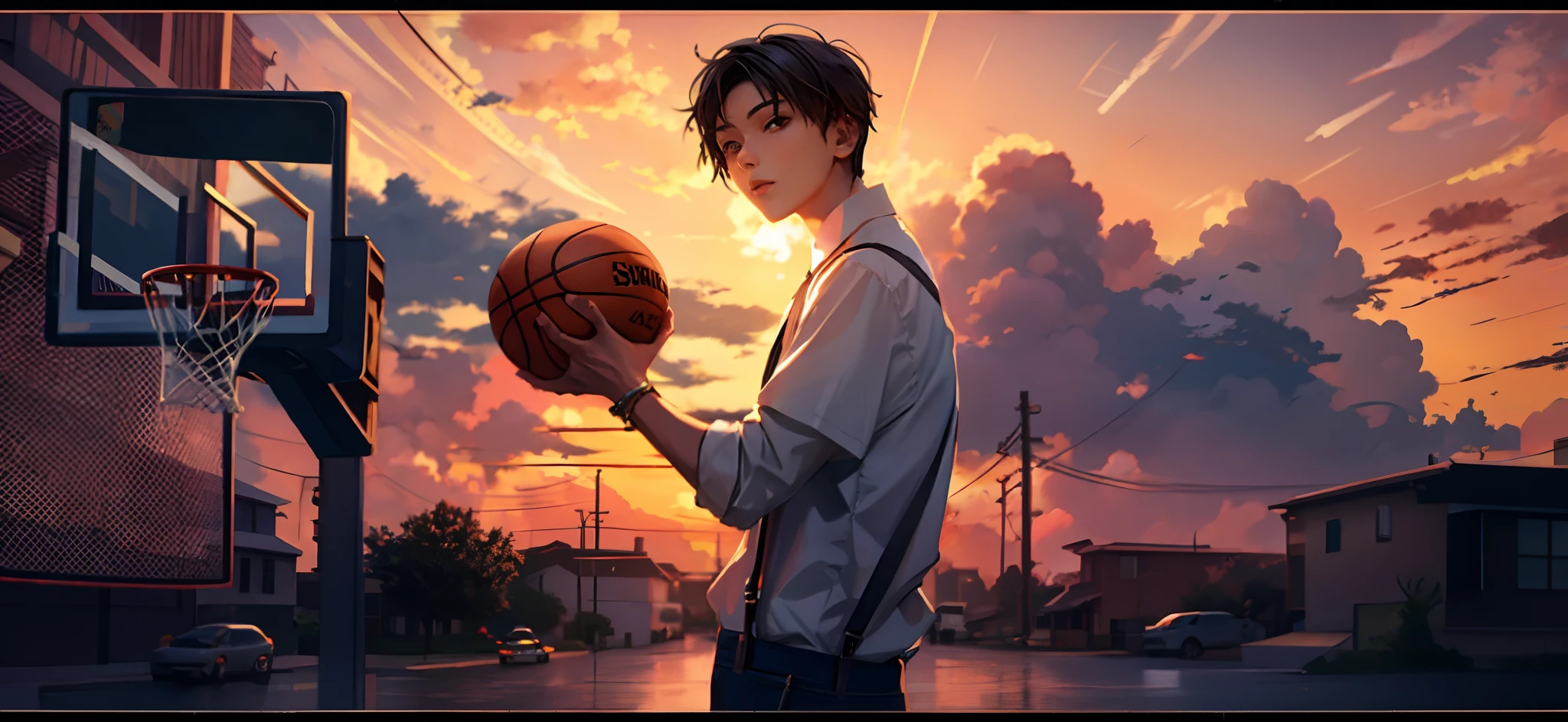 the sunset,eventide,middle score,Suspenders,basketball ball